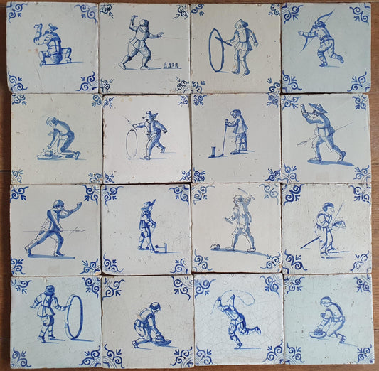 16 x 17th Delft tiles was  made around 1650 and depicts a  chidren,s games