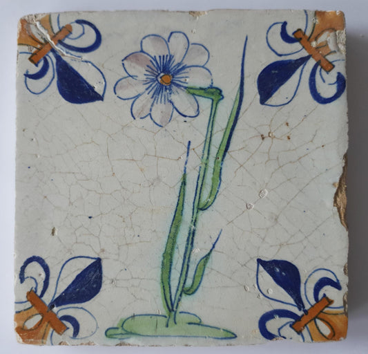 dutch flower  Gouda rare delft polychrome tile, 1620