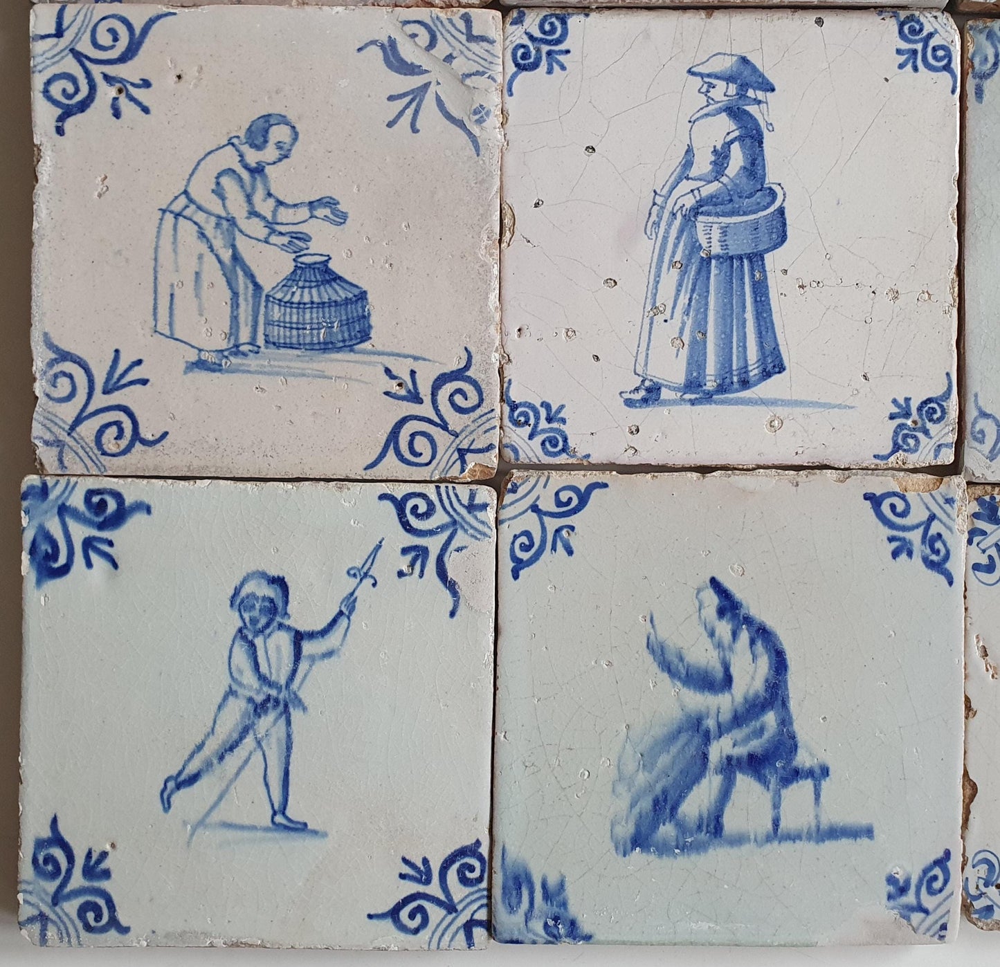 Antique Delft Tiles, 17th Century Dutch Wall Decor, Set of 12