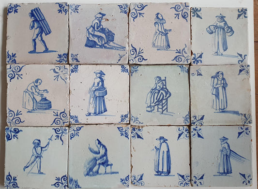 Antique Delft Tiles, 17th Century Dutch Wall Decor, Set of 12