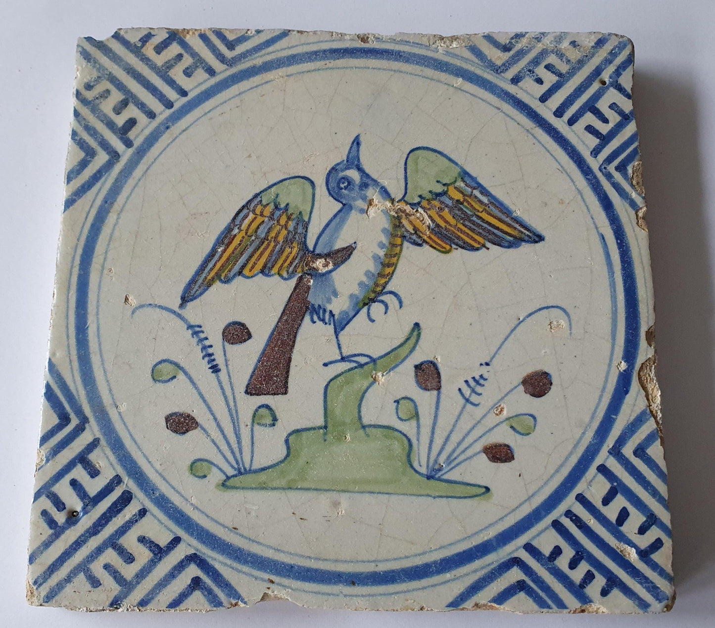 Antique Delft Tile – Polychrome Bird, Wan-Li Corner Motives, 1625