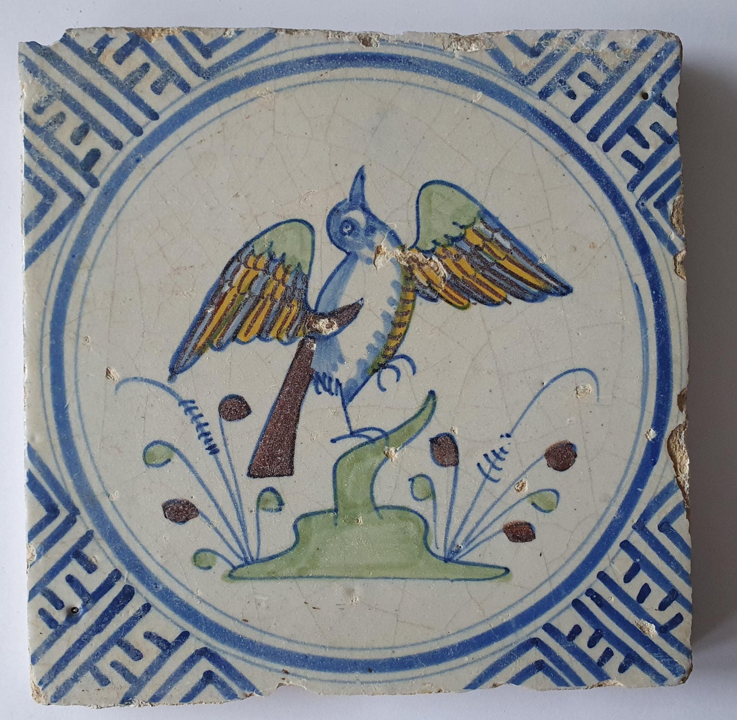 Antique Delft Tile – Polychrome Bird, Wan-Li Corner Motives, 1625