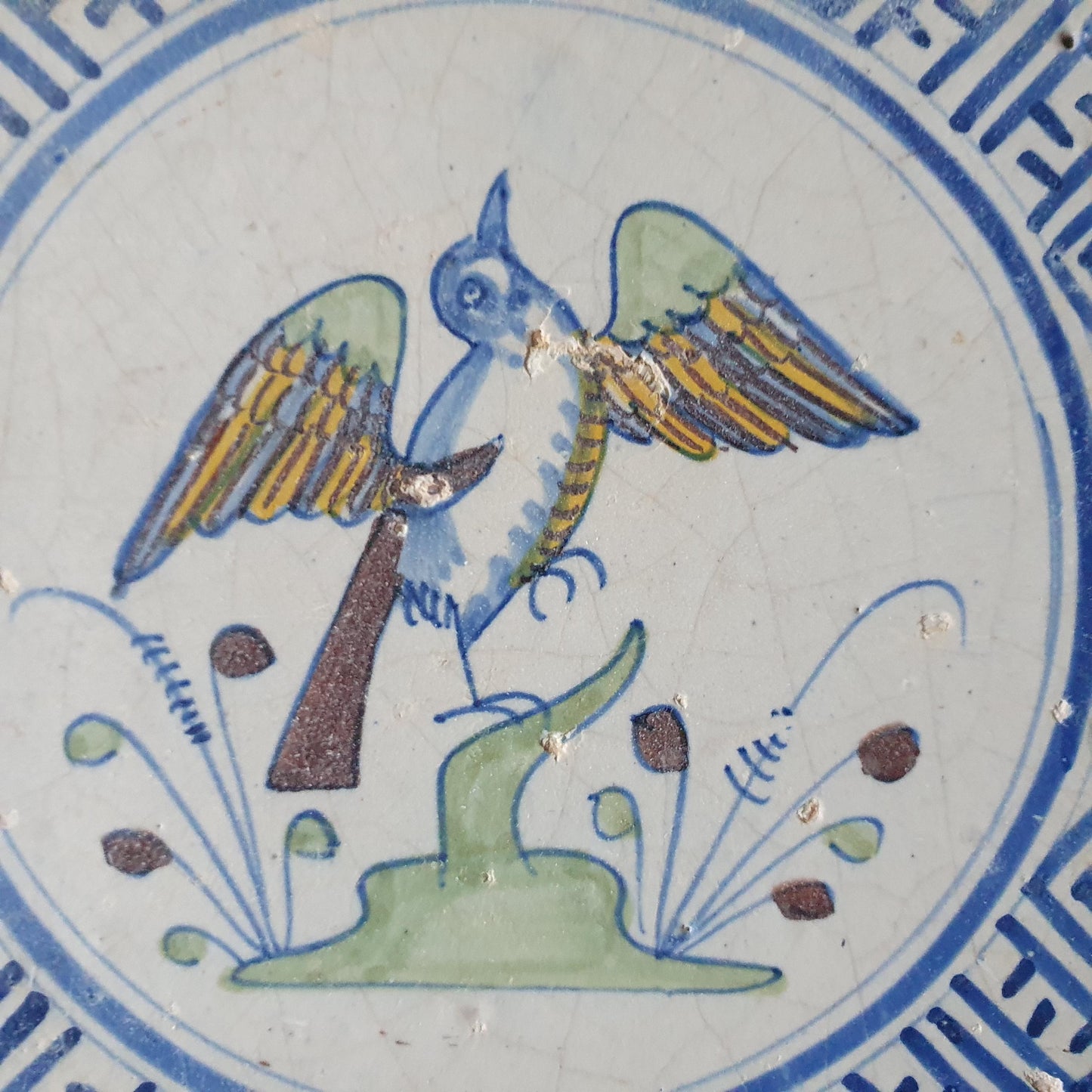 Antique Delft Tile – Polychrome Bird, Wan-Li Corner Motives, 1625