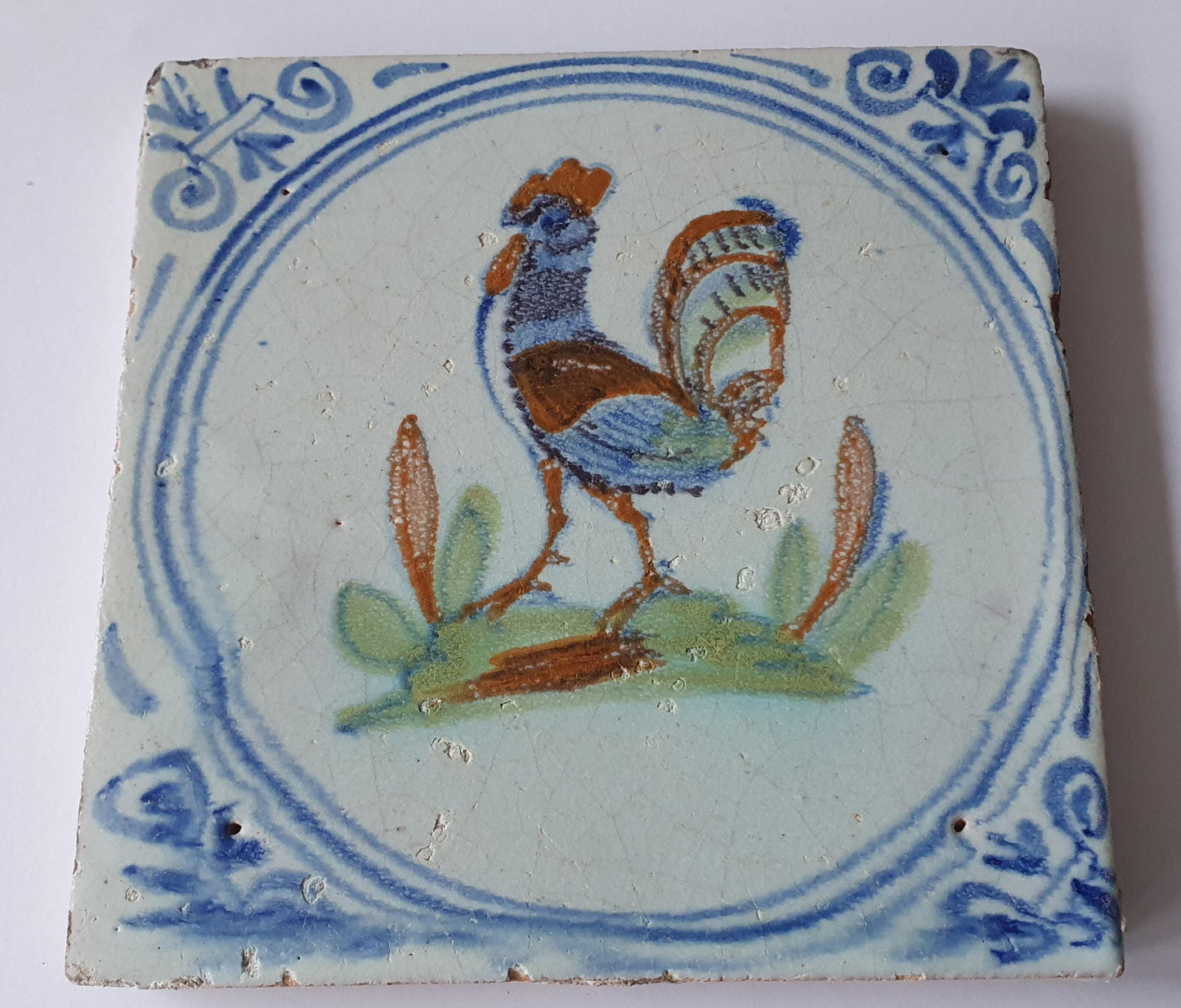 Antique Delft Tile – Polychrome Rooster, 17th Century Dutch Art