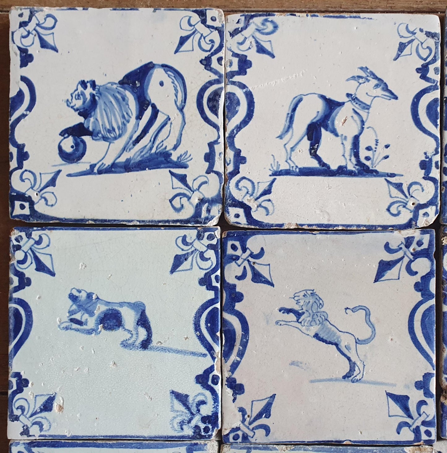 Set of 12 Antique Delft Tiles, Dutch Animal Motifs, 1620-1640