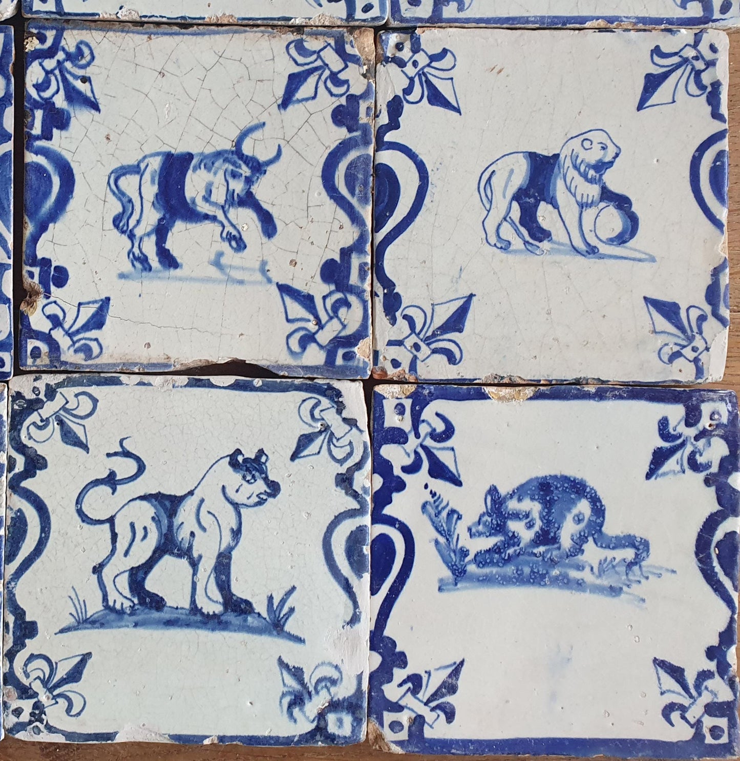 Set of 12 Antique Delft Tiles, Dutch Animal Motifs, 1620-1640