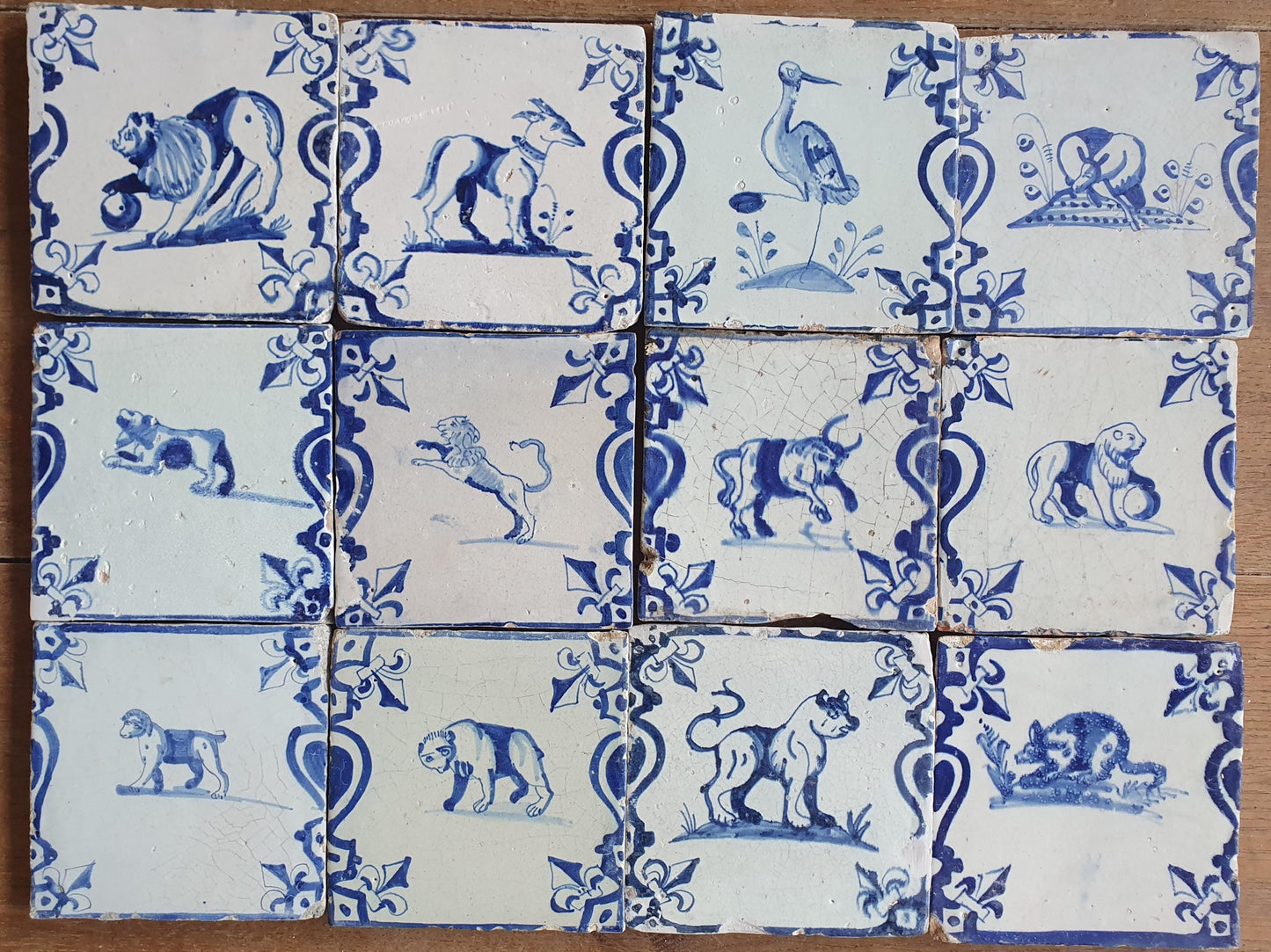 Set of 12 Antique Delft Tiles, Dutch Animal Motifs, 1620-1640