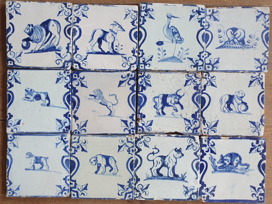 Set of 12 Antique Delft Tiles, Dutch Animal Motifs, 1620-1640