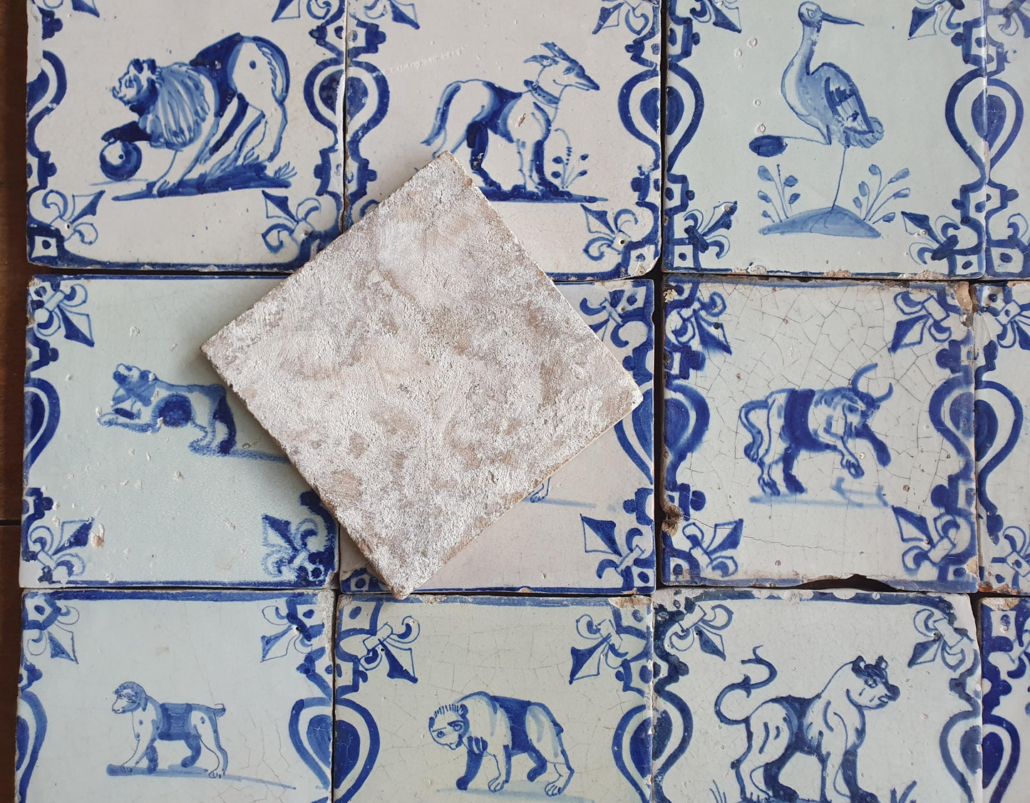 Set of 12 Antique Delft Tiles, Dutch Animal Motifs, 1620-1640