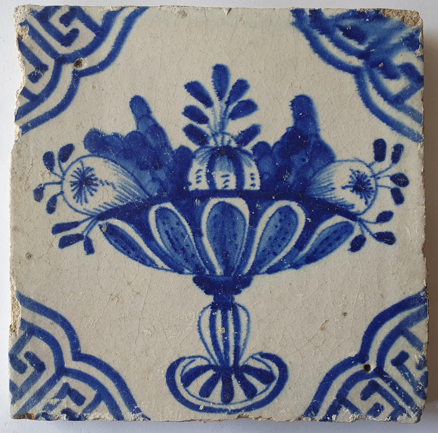 Antique Delft Blue Tile, Fruit Basket Dutch Tile, ca 1600-1625