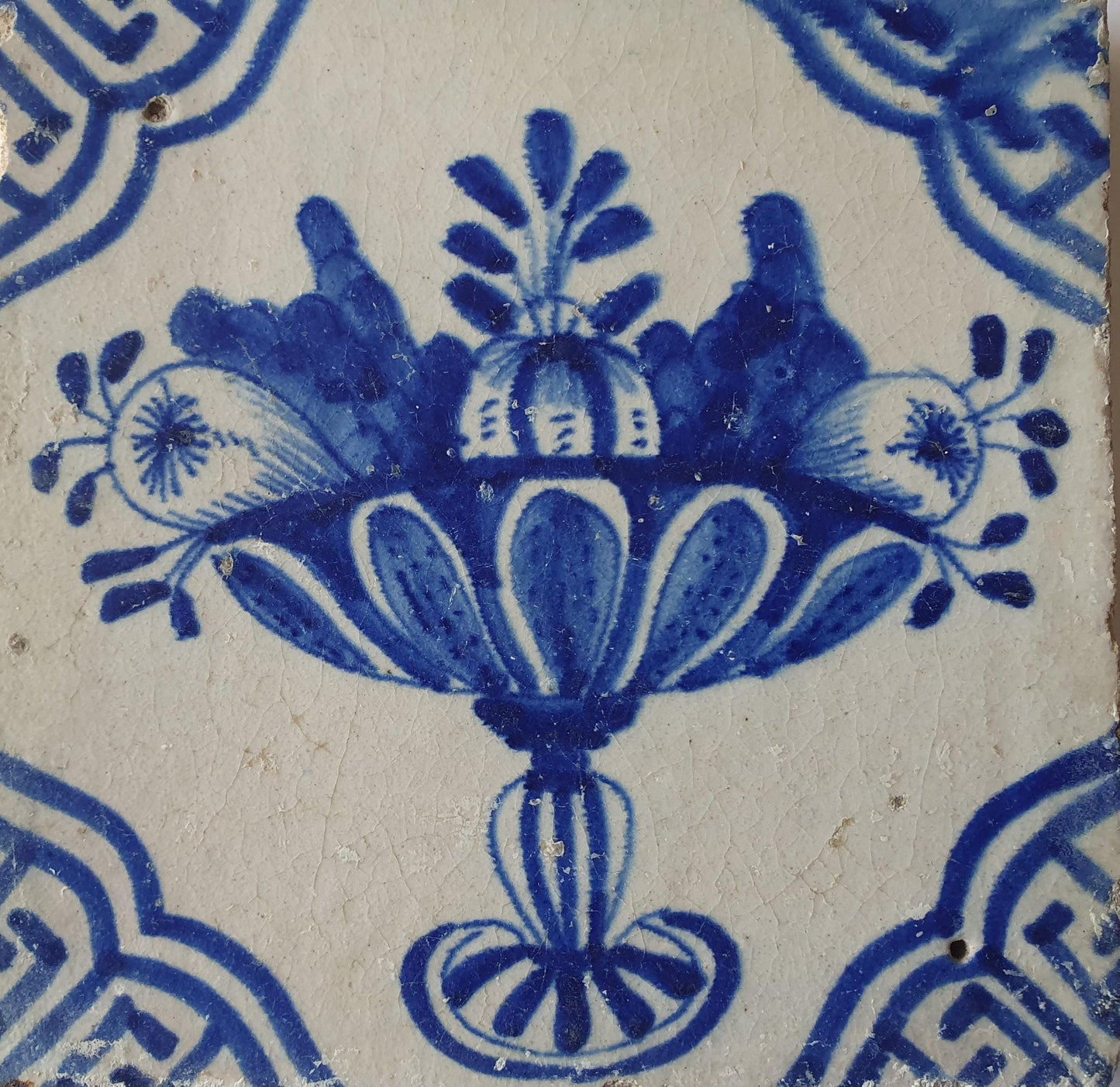 Antique Delft Blue Tile, Fruit Basket Dutch Tile, ca 1600-1625