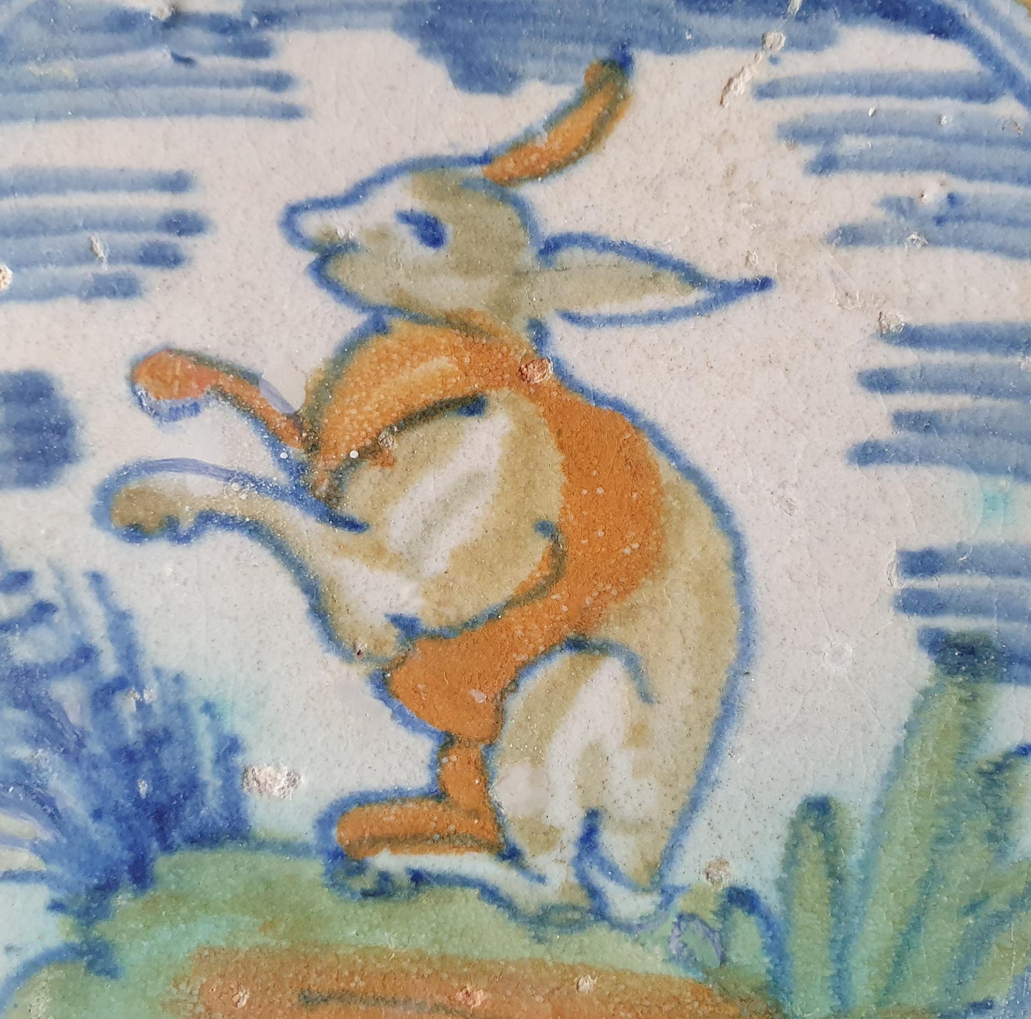 Rare Delft Tile: Hare in Polychrome Landscape, Circa 1620
