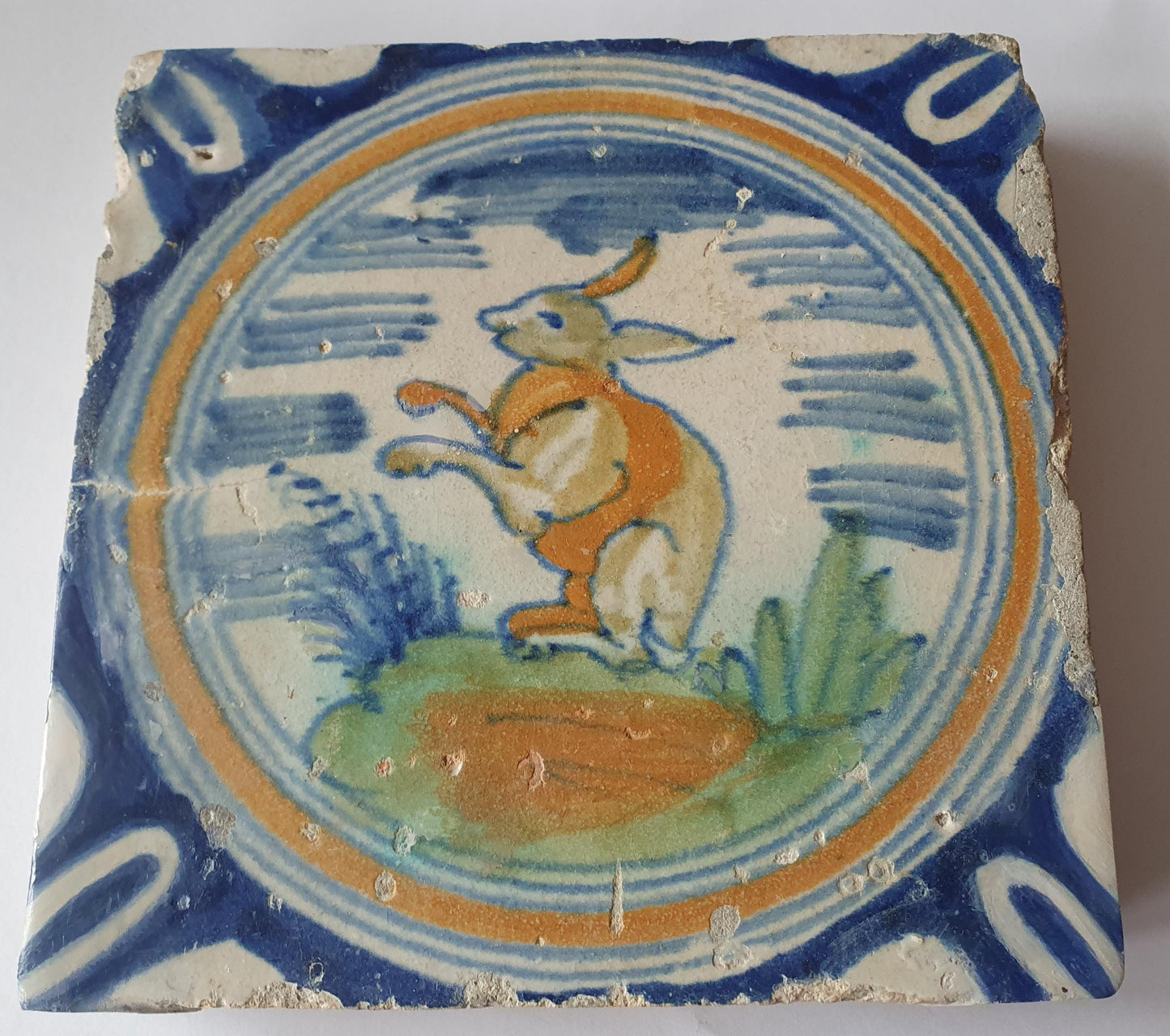Rare Delft Tile: Hare in Polychrome Landscape, Circa 1620