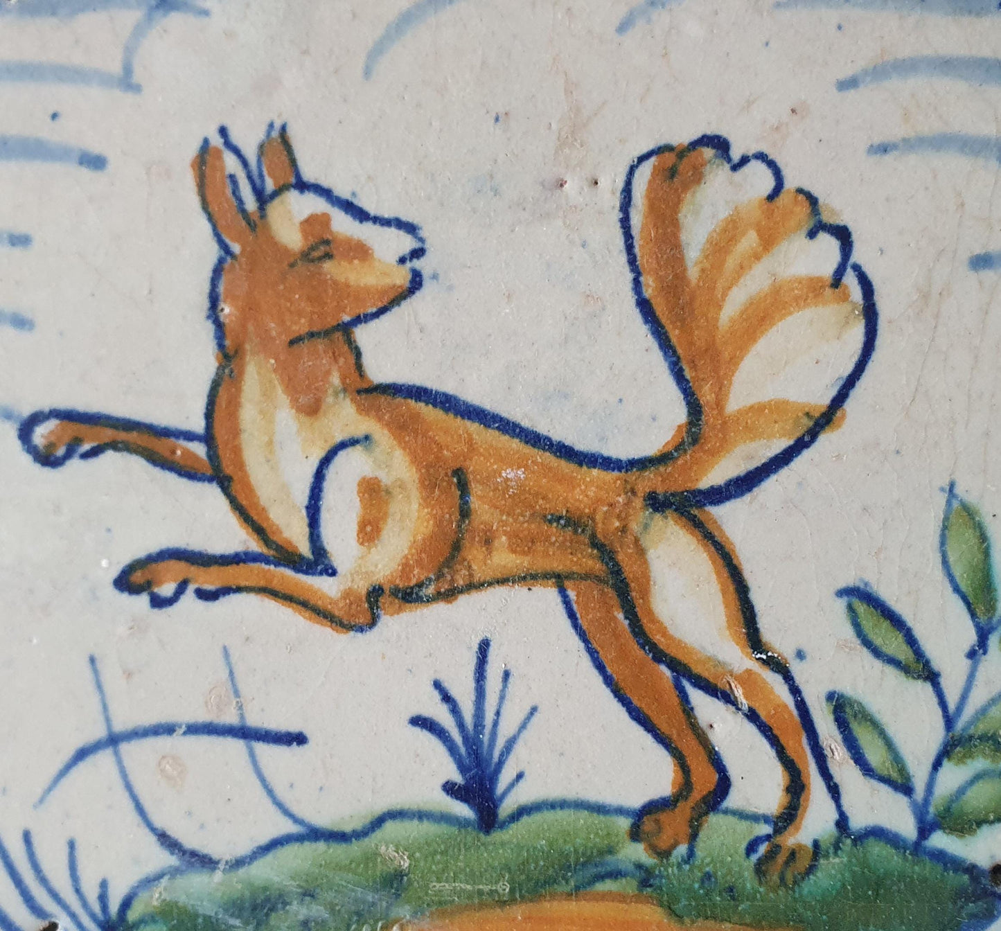 17th Century antique Delft Polychrome Fox Tile, Antique Dutch Collectible (13x13cm) rare