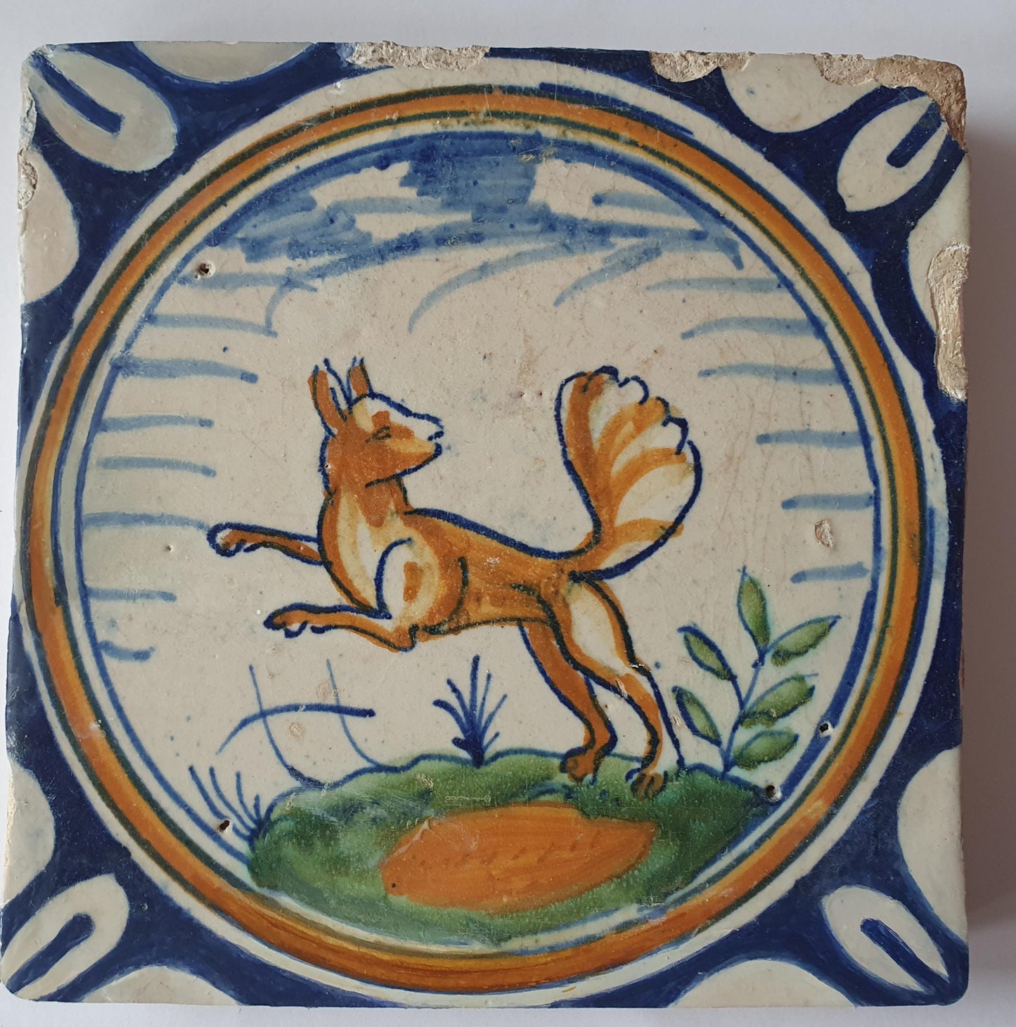 17th Century antique Delft Polychrome Fox Tile, Antique Dutch Collectible (13x13cm) rare