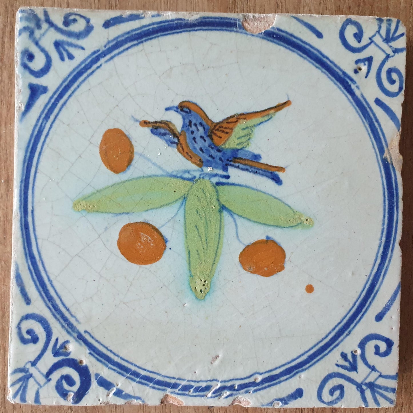 4 Antique Dutch Delft Tiles, Polychrome Birds, Oxhead Motifs