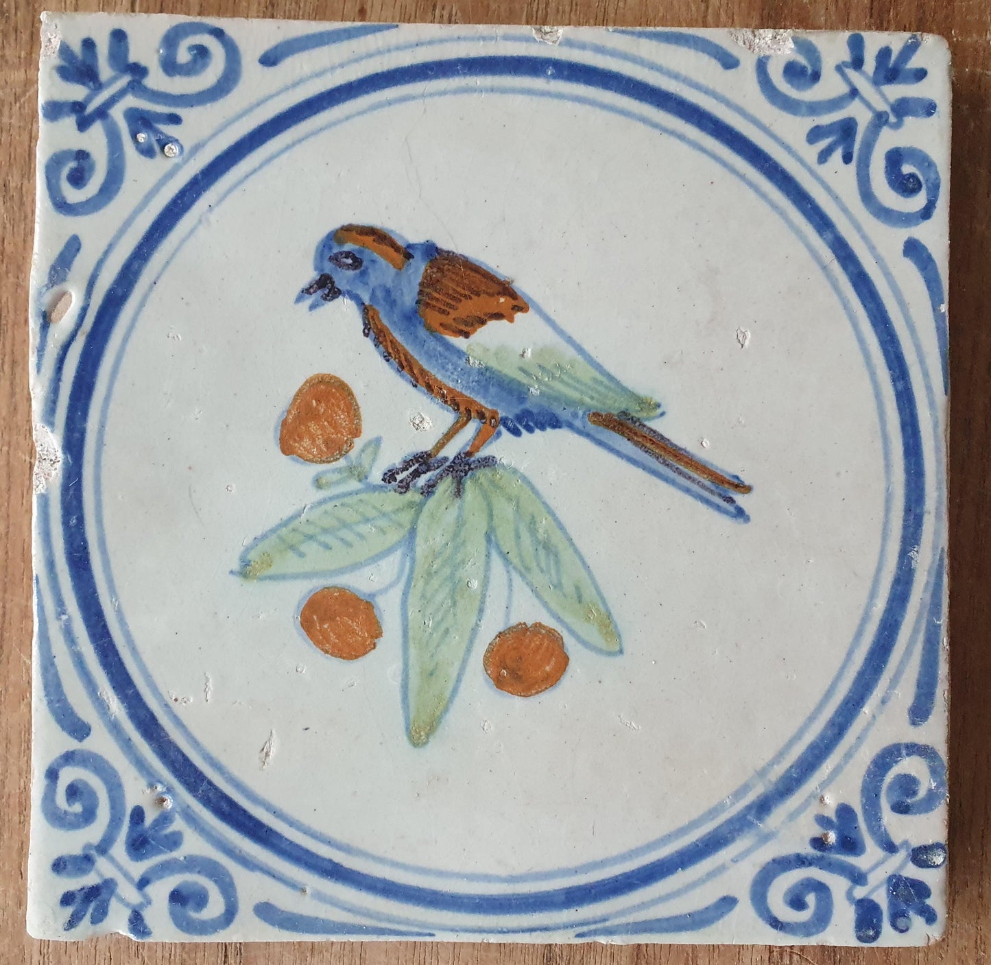 4 Antique Dutch Delft Tiles, Polychrome Birds, Oxhead Motifs