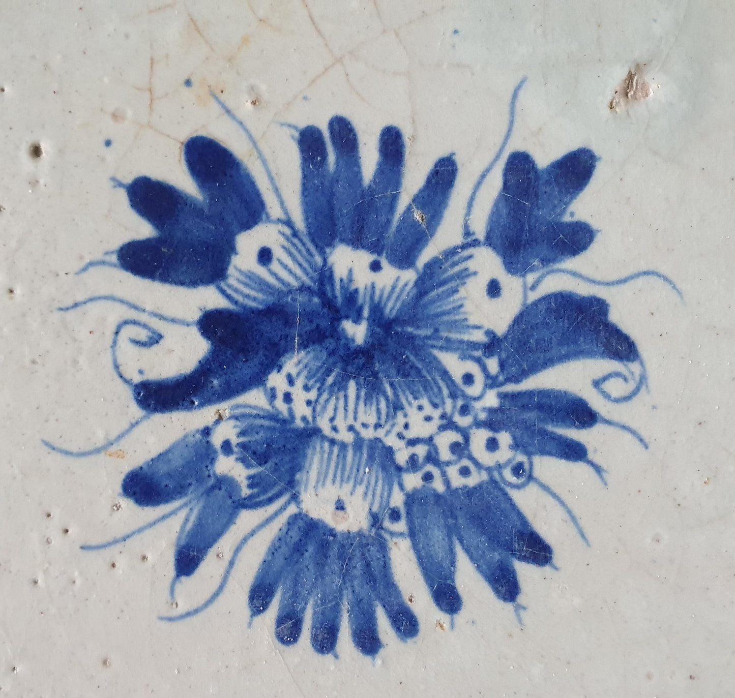Antique Delft Tile, Fruit Motif, Oxhead Corners, c. 1630