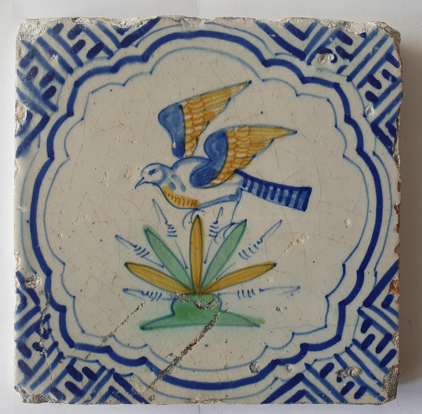 Antique Delft Tile, Flying Bird, Dutch Majolica, c. 1640 wan-li meander corner depiction