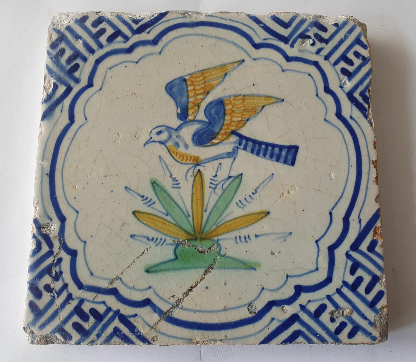 Antique Delft Tile, Flying Bird, Dutch Majolica, c. 1640 wan-li meander corner depiction