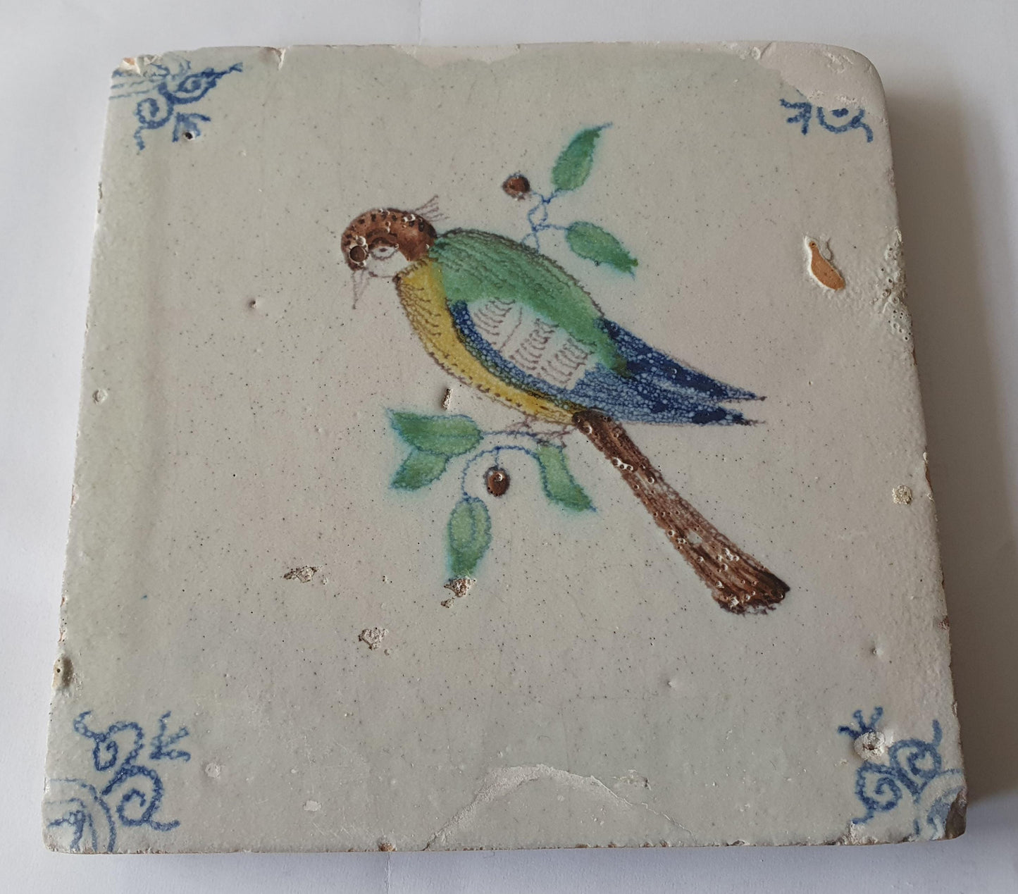 Antique Delft 17th century Tile, Colorful Bird, Dutch Majolica, circa 1640
