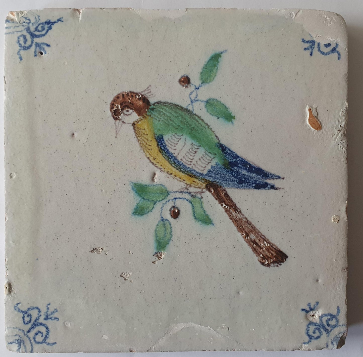 Antique Delft 17th century Tile, Colorful Bird, Dutch Majolica, circa 1640