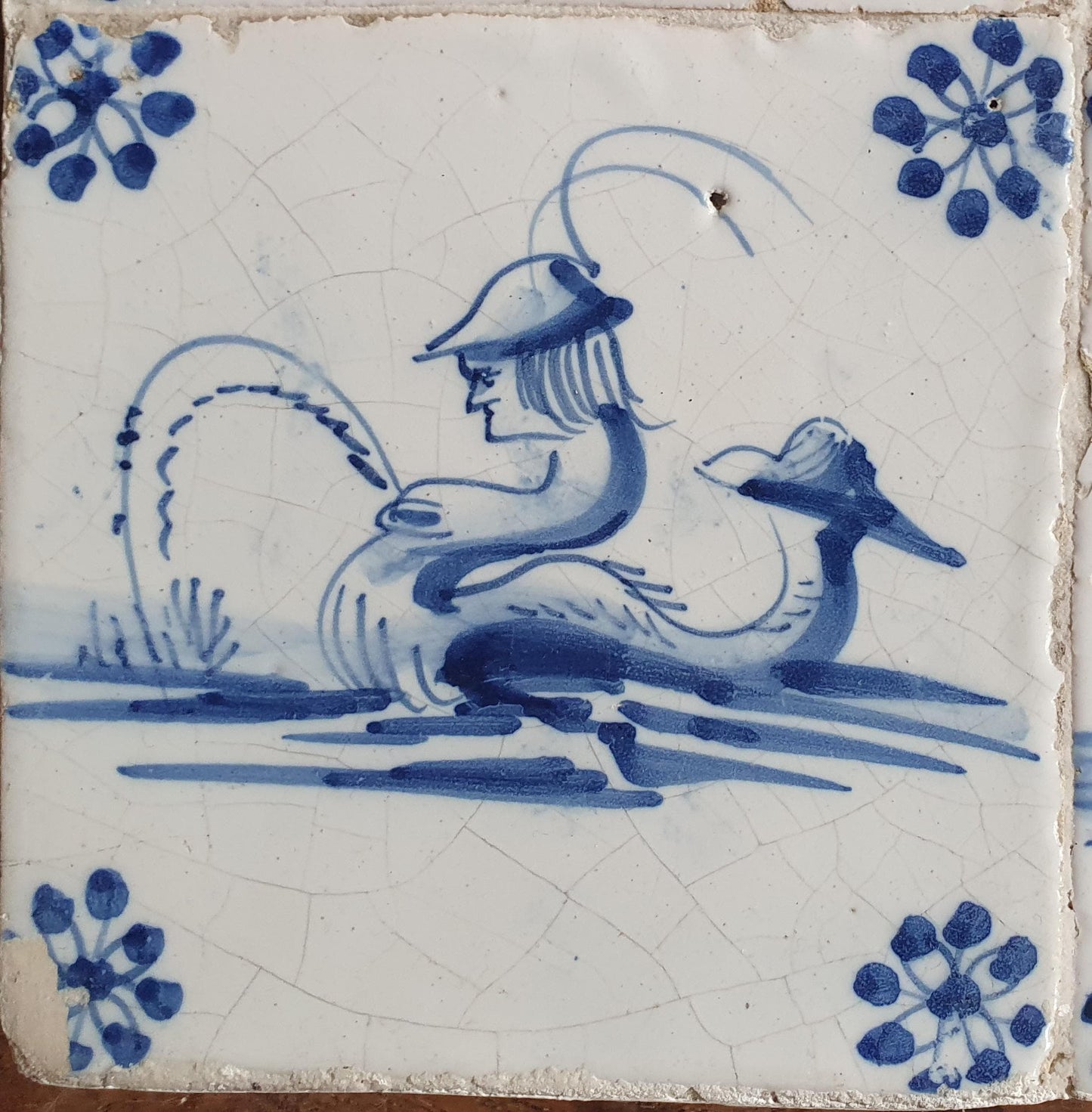 Antique Dutch mermaid  Delft Tiles, 17th Century, Sea Monsters, Set of 4