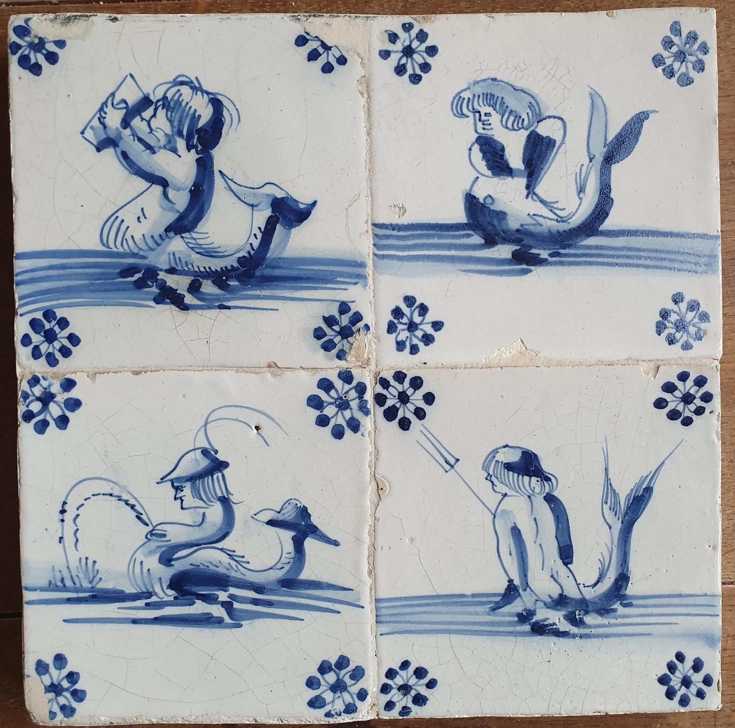 Antique Dutch mermaid  Delft Tiles, 17th Century, Sea Monsters, Set of 4