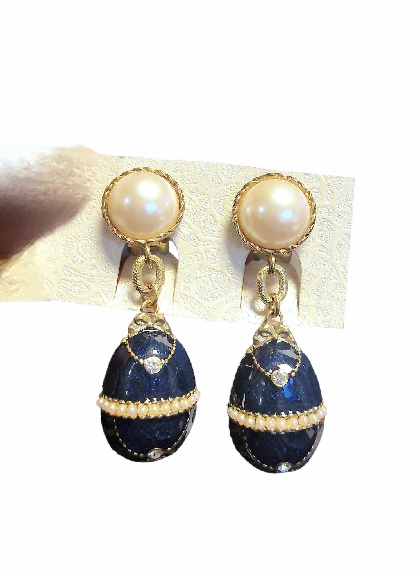 Vintage Fabergé Style Egg Drop Earrings, Sapphire Blue Guilloche Enamel