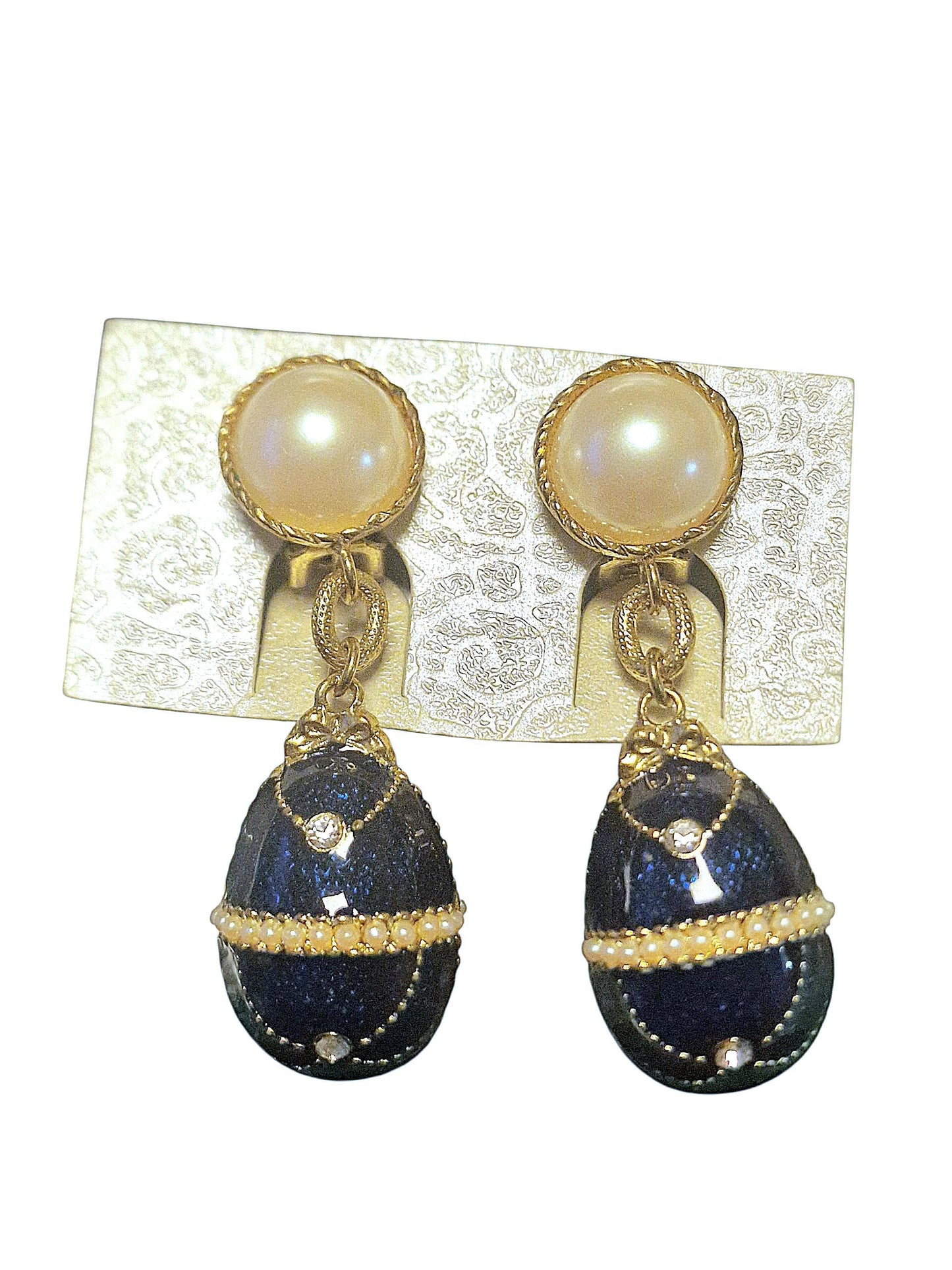 Vintage Fabergé Style Egg Drop Earrings, Sapphire Blue Guilloche Enamel