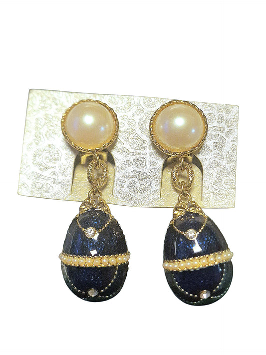 Vintage Fabergé Style Egg Drop Earrings, Sapphire Blue Guilloche Enamel