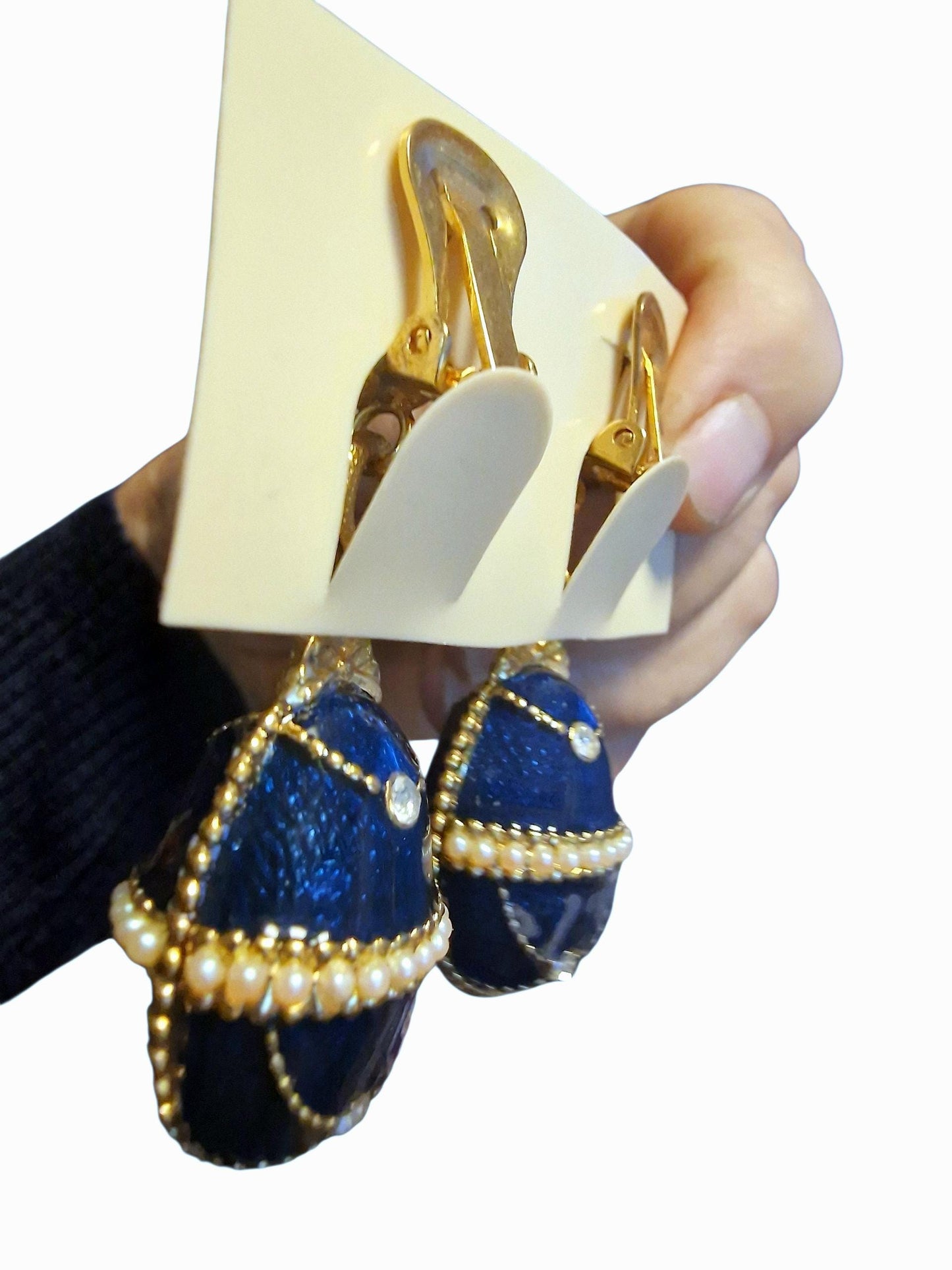 Vintage Fabergé Style Egg Drop Earrings, Sapphire Blue Guilloche Enamel