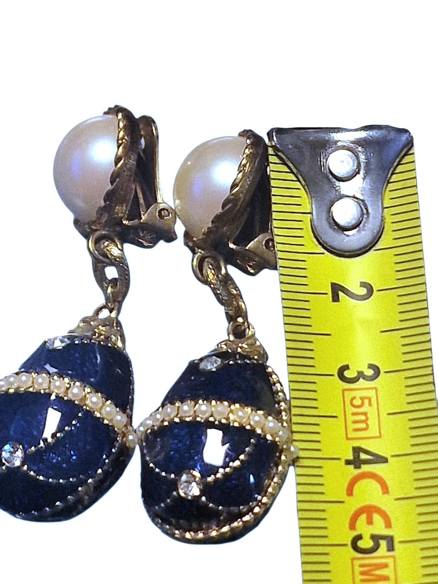 Vintage Fabergé Style Egg Drop Earrings, Sapphire Blue Guilloche Enamel