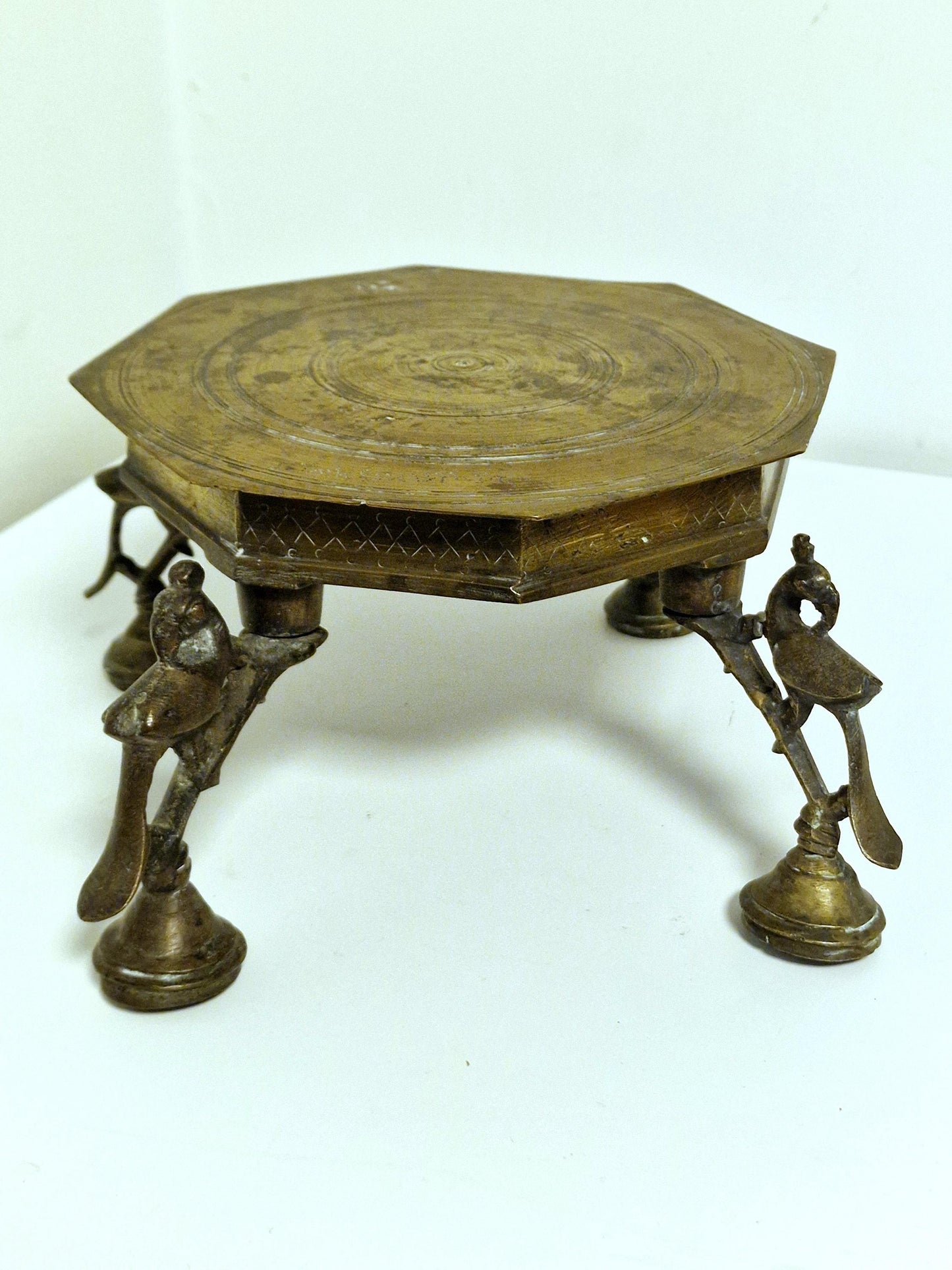 Antique Indian Brass Chowki, Signed Copper Pooja Sokkel, 19th Century