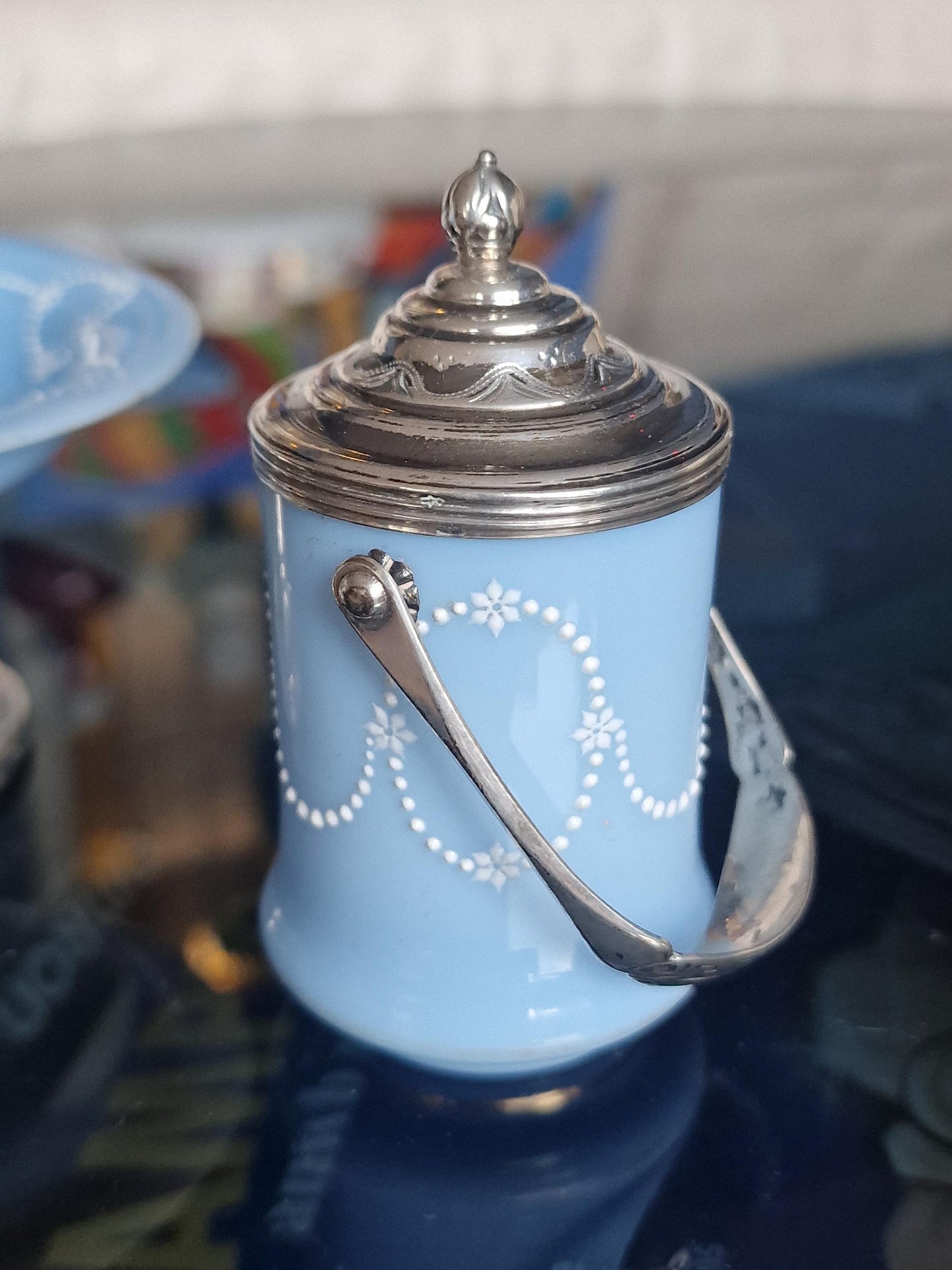 Antique Blue Opaline Glass Vanity Set, Dutch Silver Mounts, Victorian Era