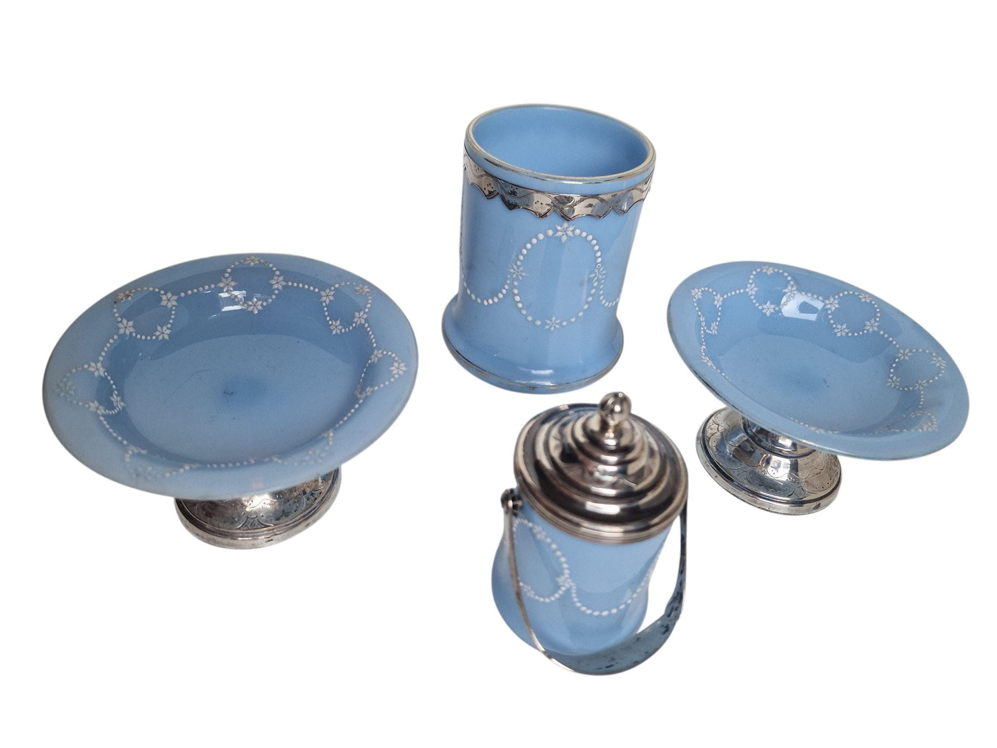Antique Blue Opaline Glass Vanity Set, Dutch Silver Mounts, Victorian Era
