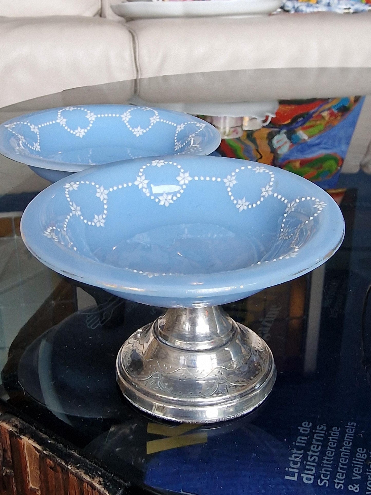 Antique Blue Opaline Glass Vanity Set, Dutch Silver Mounts, Victorian Era