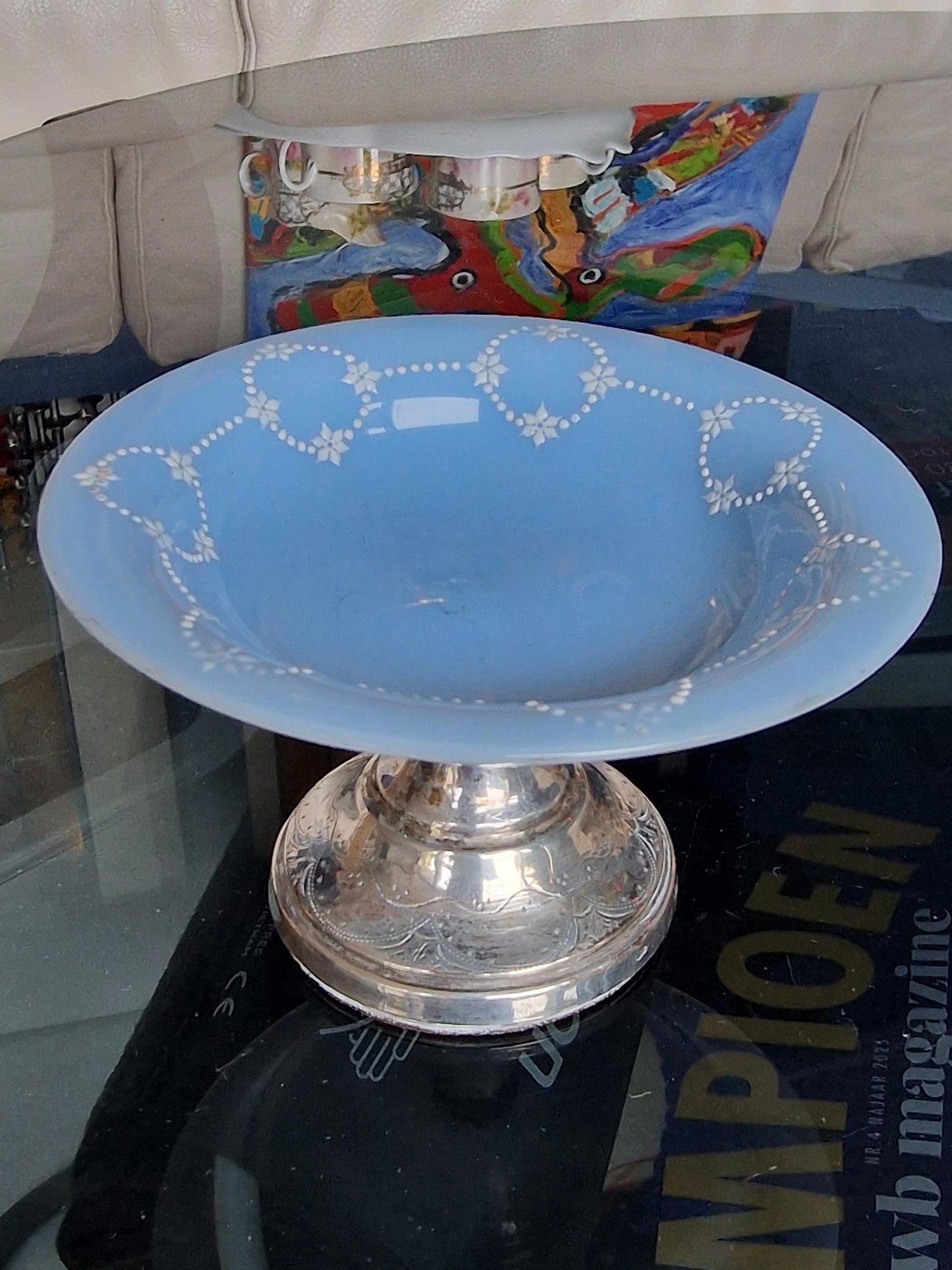 Antique Blue Opaline Glass Vanity Set, Dutch Silver Mounts, Victorian Era