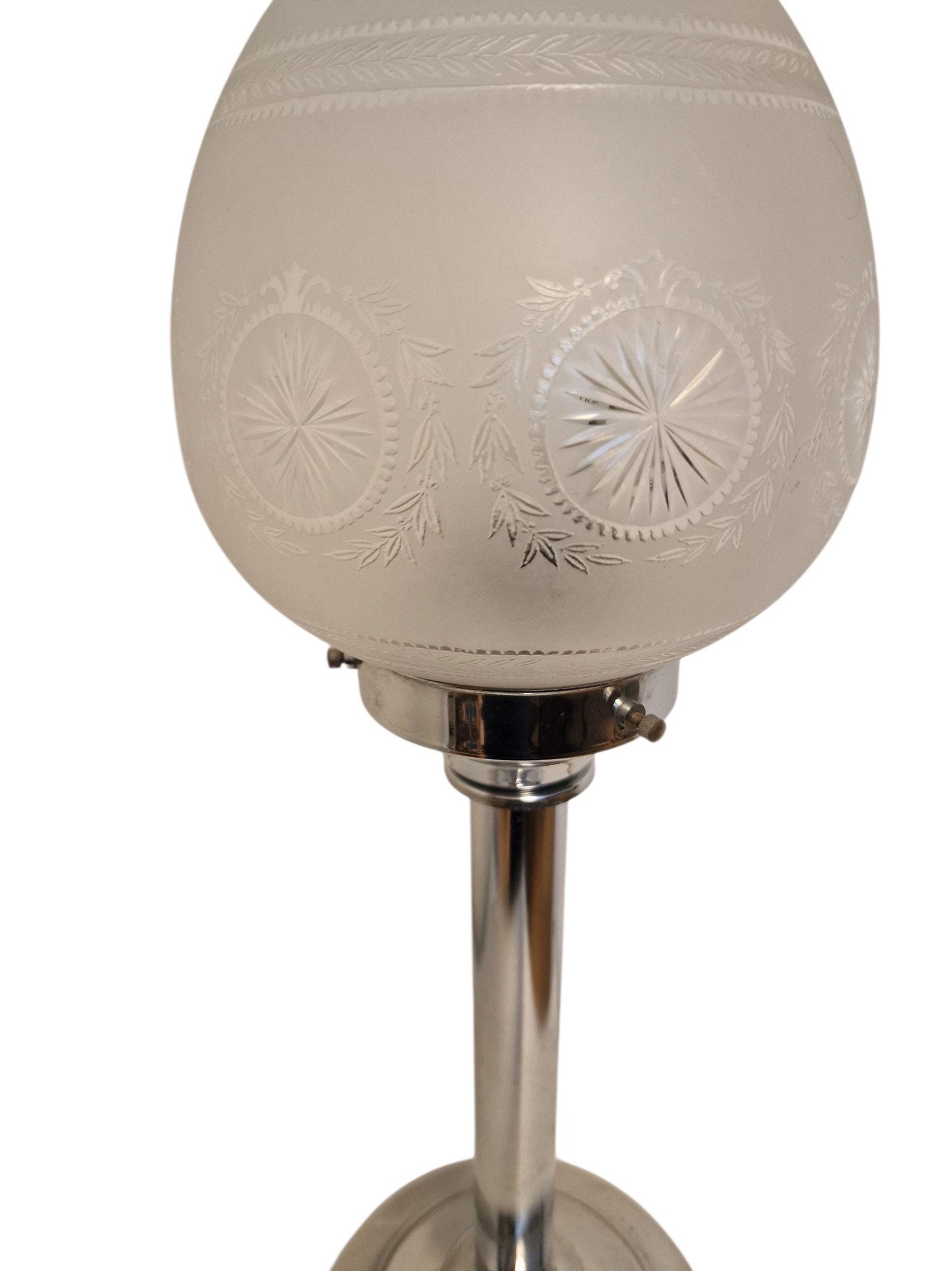 Vintage 1920s Art Deco Table Lamp – Etched Frosted Glass, Nickel-Plated