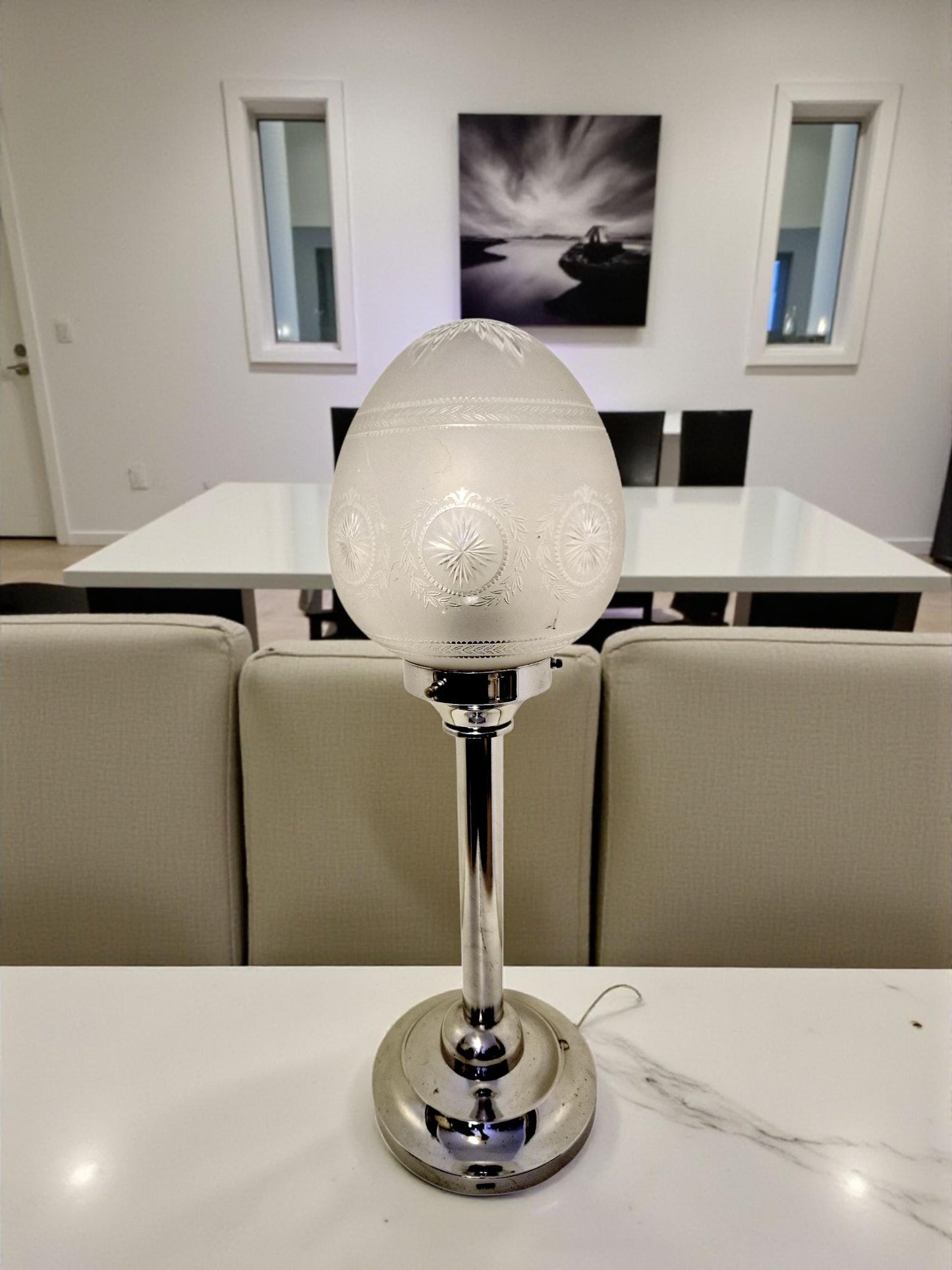 Vintage 1920s Art Deco Table Lamp – Etched Frosted Glass, Nickel-Plated
