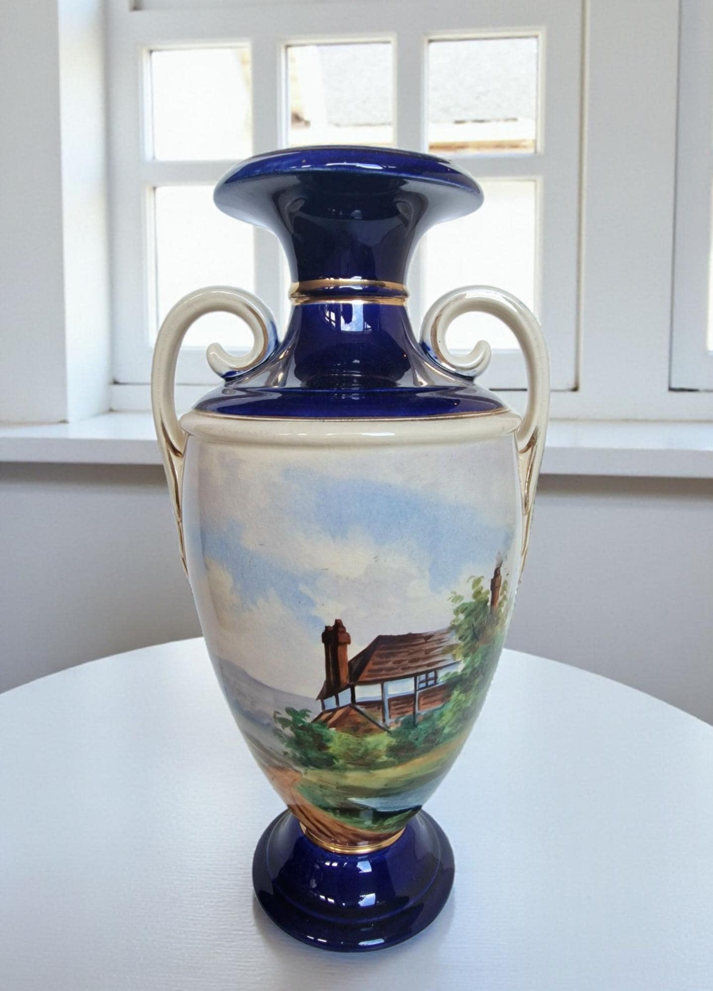 Antique Rörstrand Vase, 1890 Swedish Earthenware Amphora, Hand-Painted Landscape