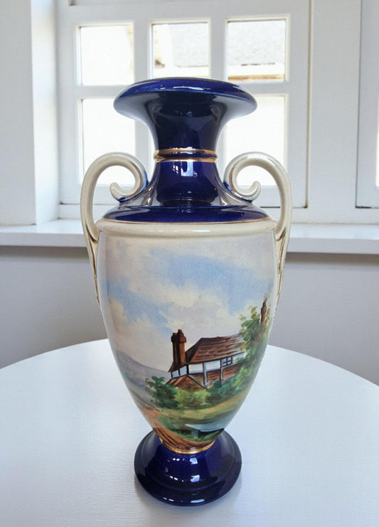 Antique Rörstrand Vase, 1890 Swedish Earthenware Amphora, Hand-Painted Landscape