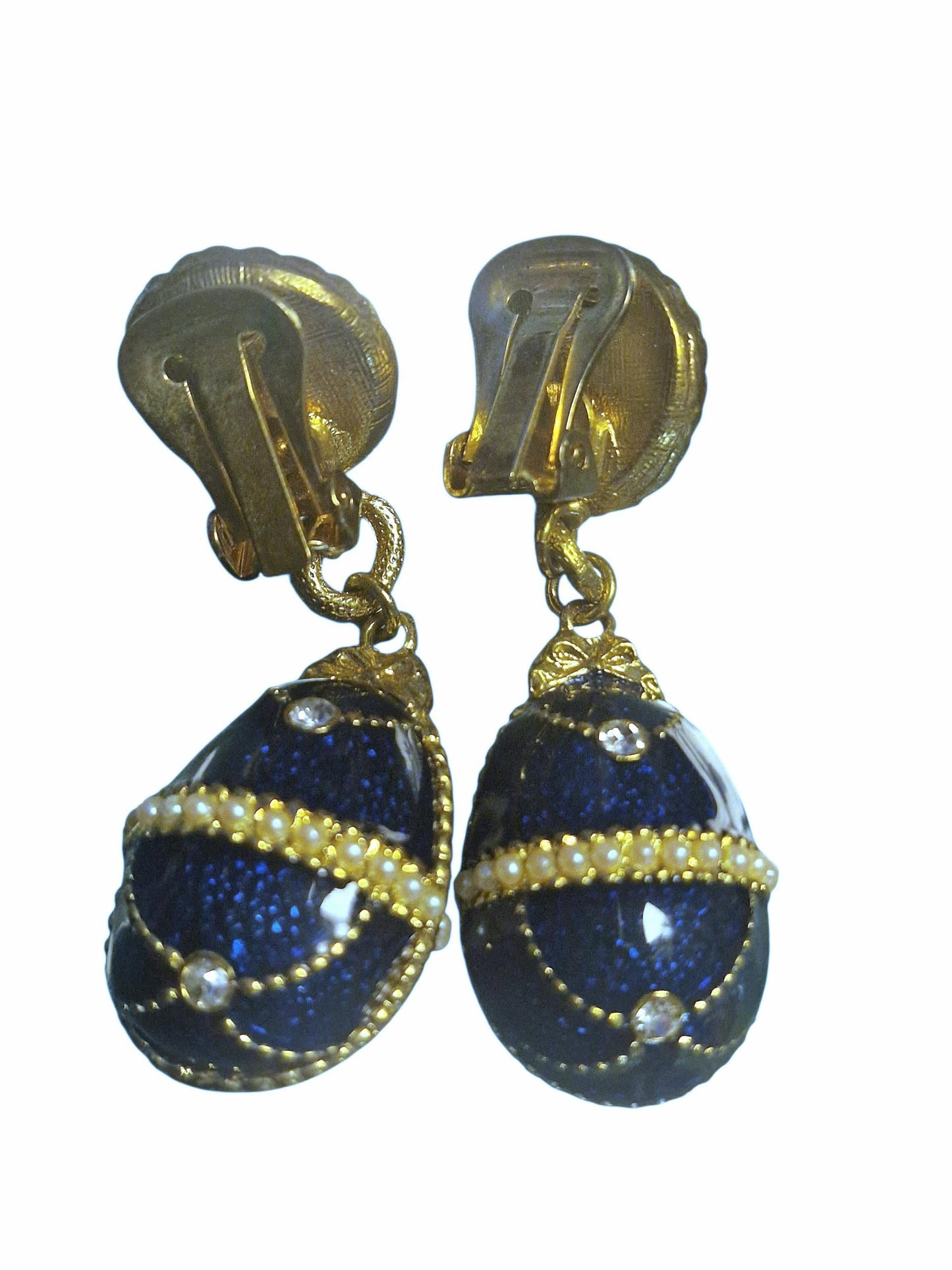 Vintage Fabergé Style Egg Drop Earrings, Sapphire Blue Guilloche Enamel