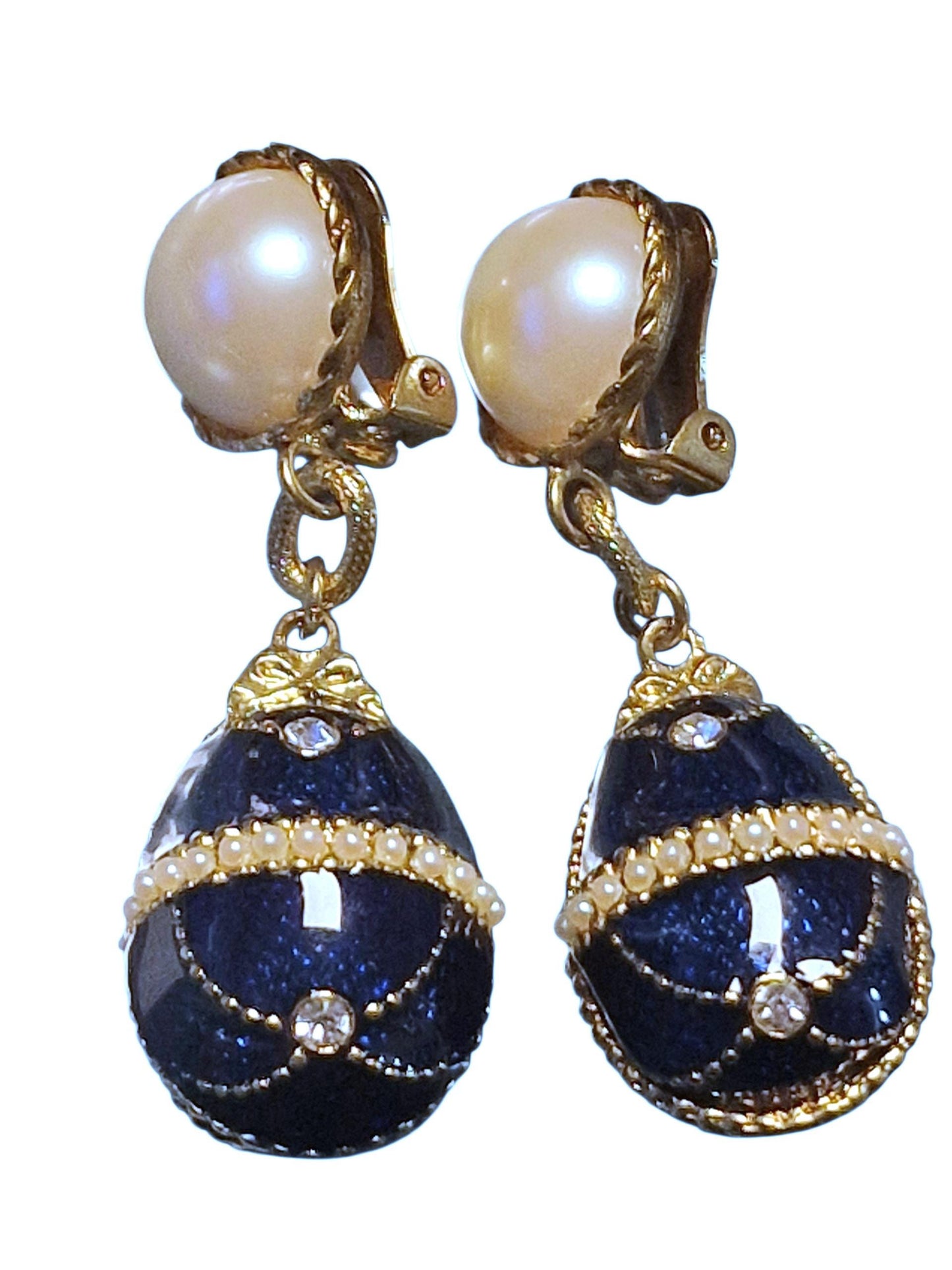 Vintage Fabergé Style Egg Drop Earrings, Sapphire Blue Guilloche Enamel