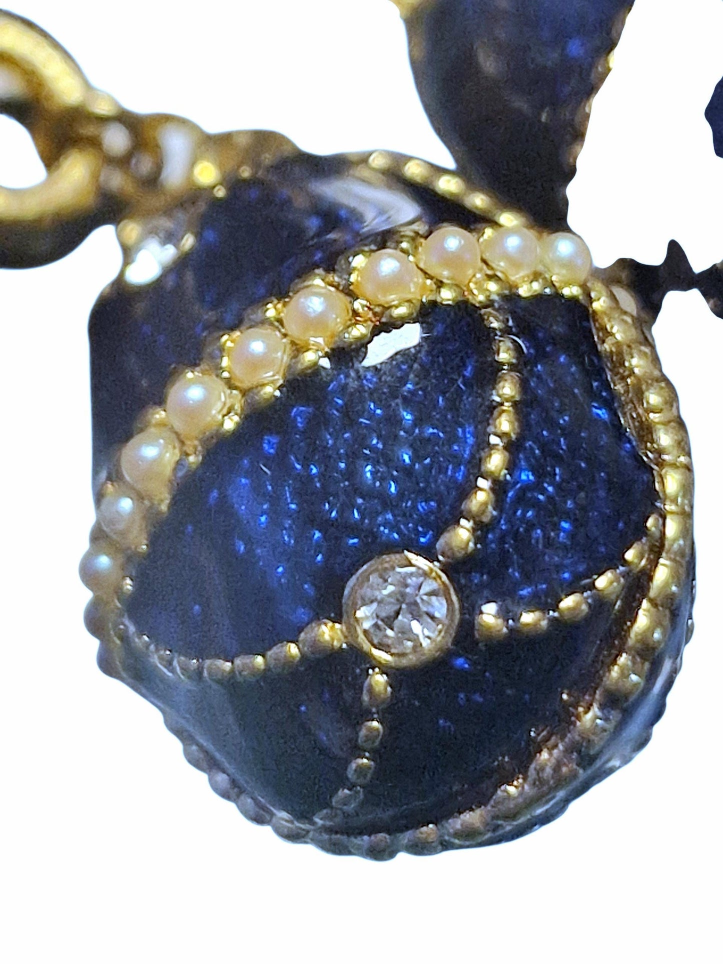 Vintage Fabergé Style Egg Drop Earrings, Sapphire Blue Guilloche Enamel