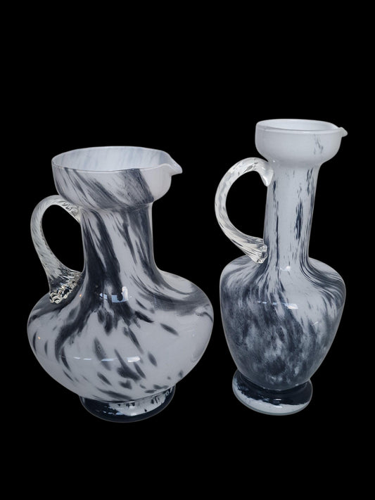 Vintage Josefinenhütte Art Glass Pitchers: Black & White Handblown Vases