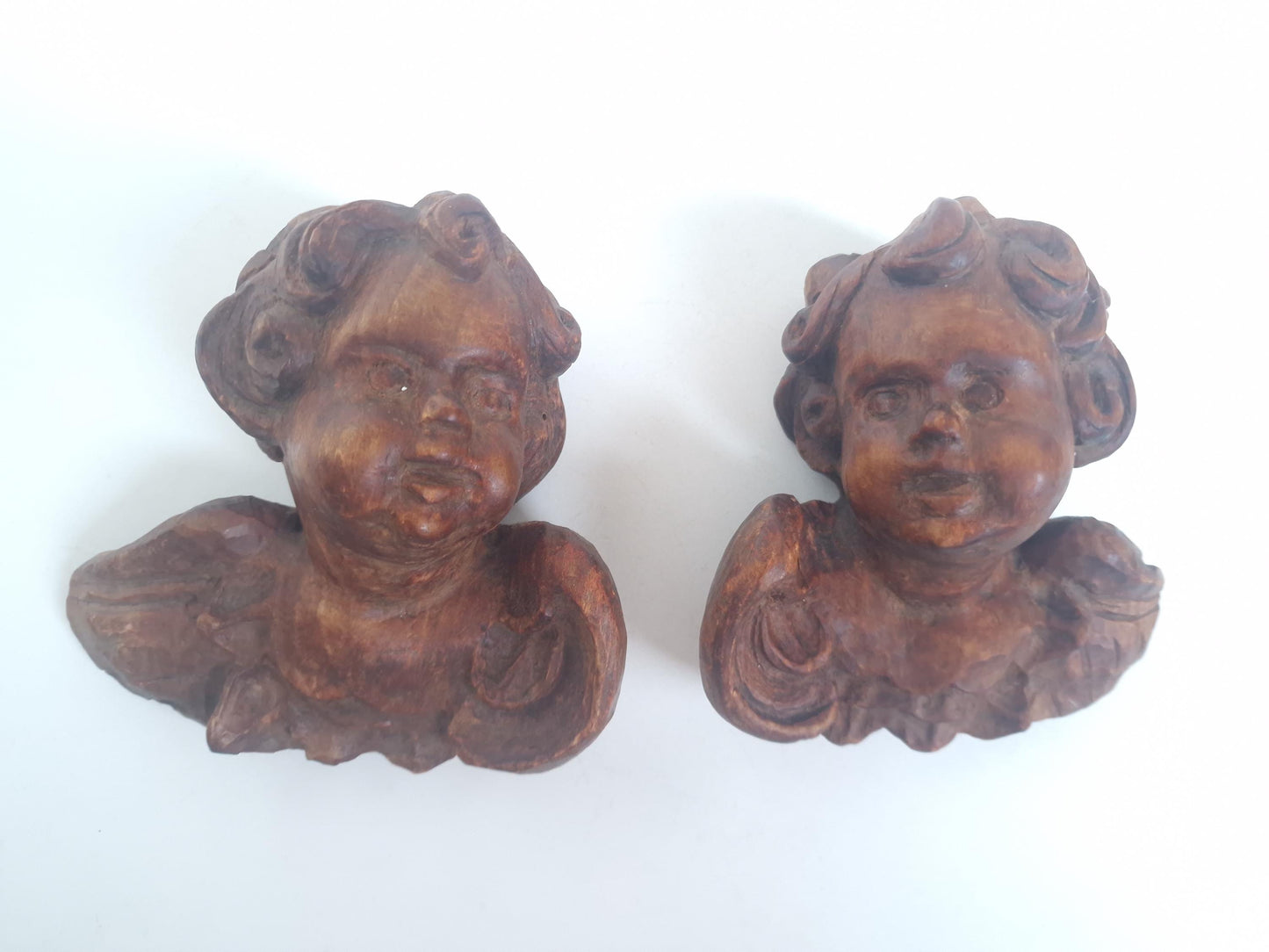 Handgesneden oud hout Angel Putto Cherub Duo, Beierse volkskunst antiek