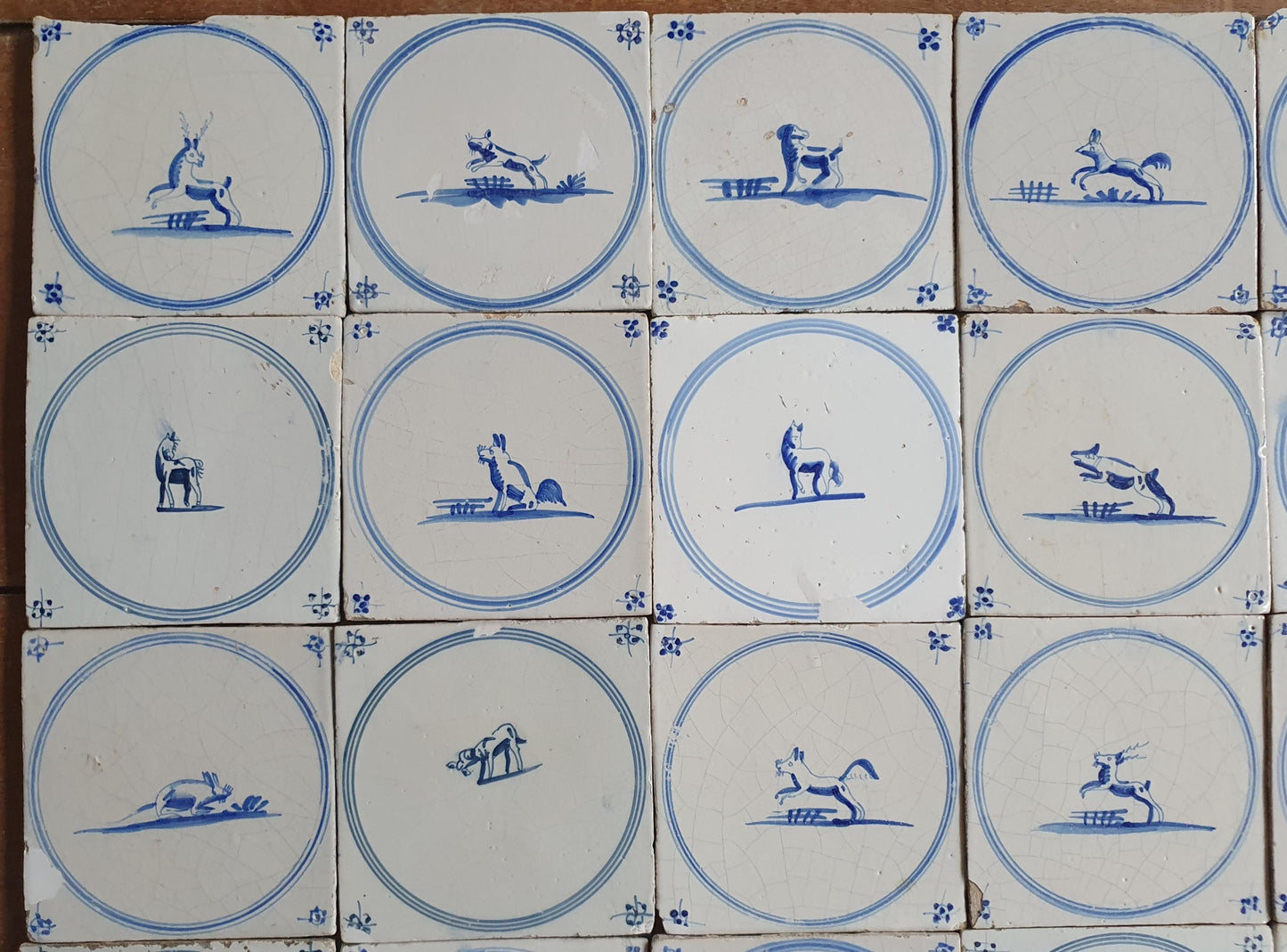 110 Antique Dutch Delft Tiles, 18th Century Animal Motifs, 20 square feet circle springer