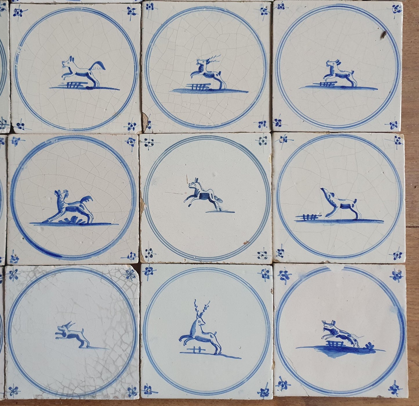 110 Antique Dutch Delft Tiles, 18th Century Animal Motifs, 20 square feet circle springer