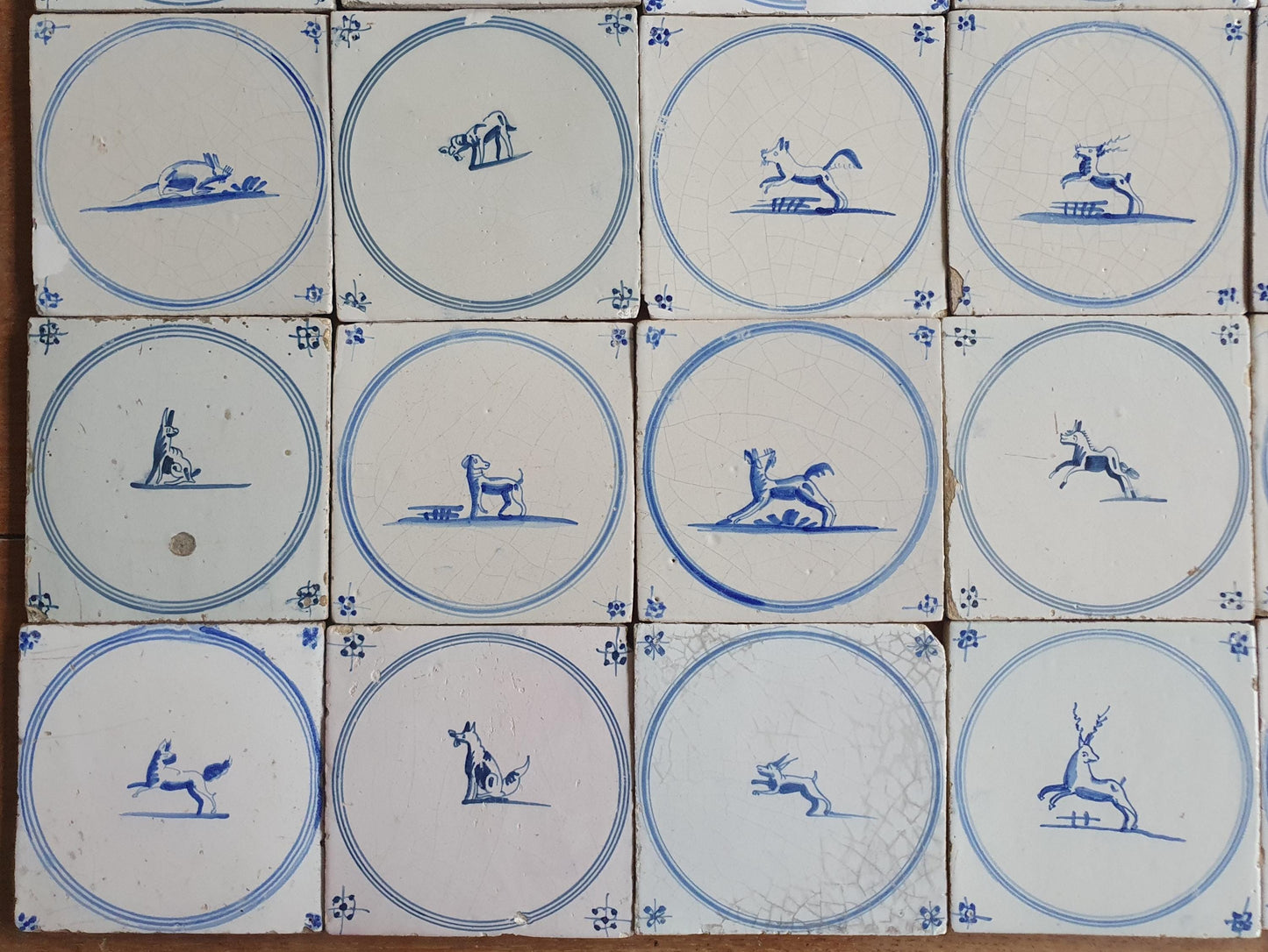 110 Antique Dutch Delft Tiles, 18th Century Animal Motifs, 20 square feet circle springer